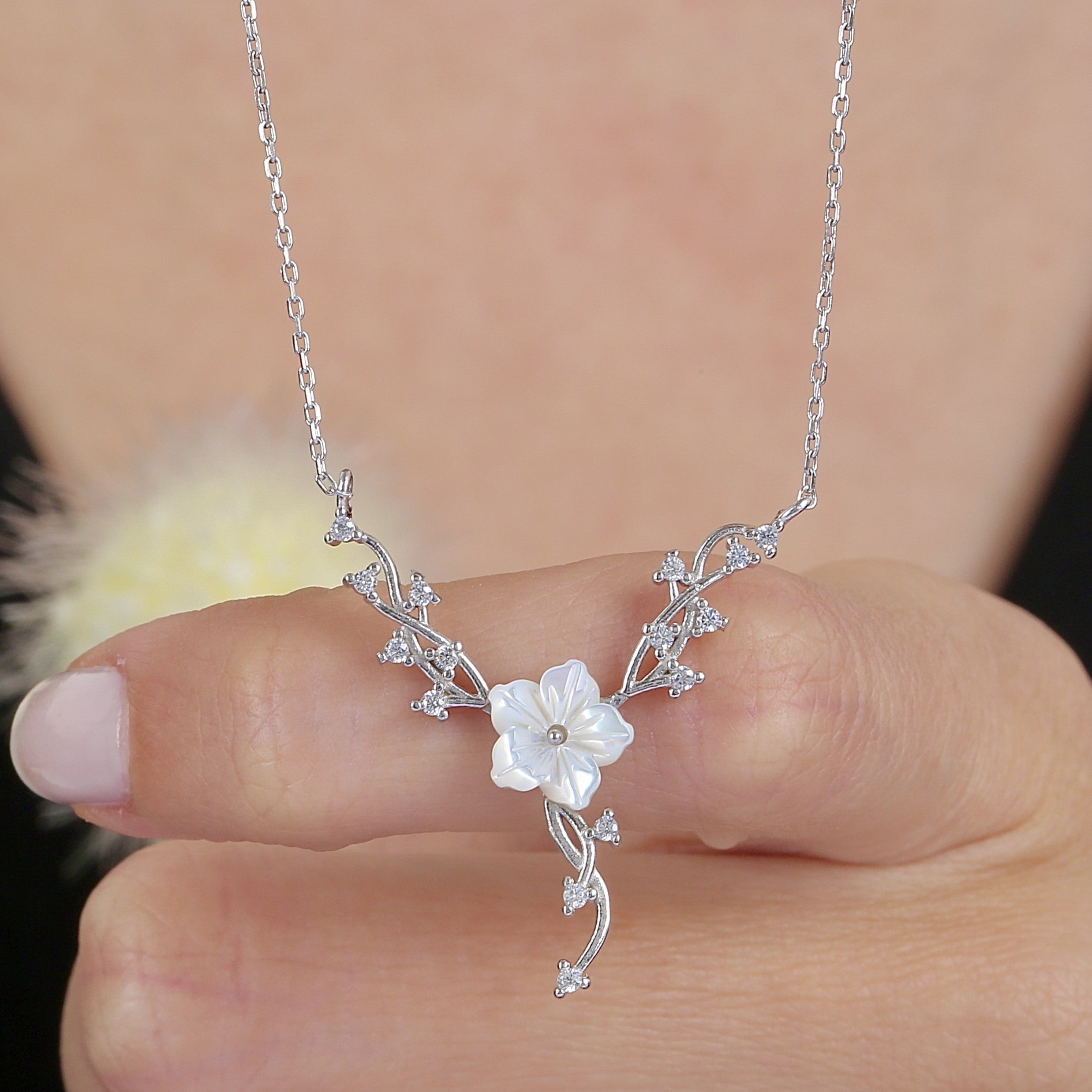 Lustrous Magnolia Whispers CZ 925K Sterling Silver Necklace - Etossimo Jewelry