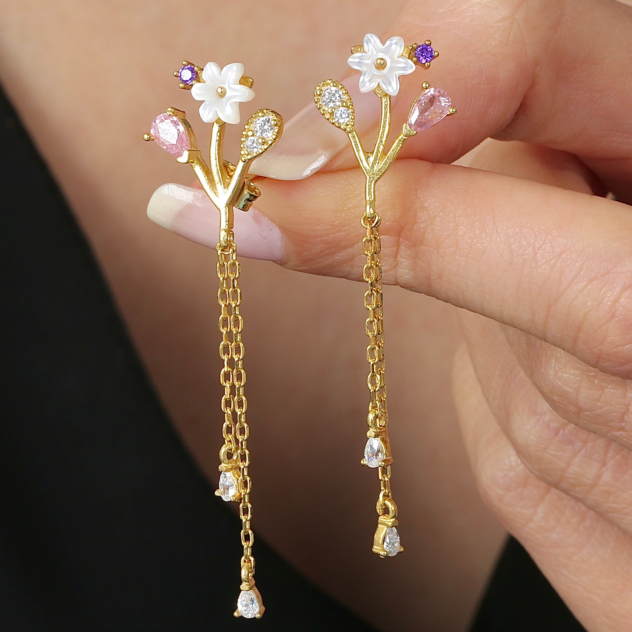 Magnolia Glow Drop Dangles CZ 14K Gold Earrings - Etossimo Jewelry