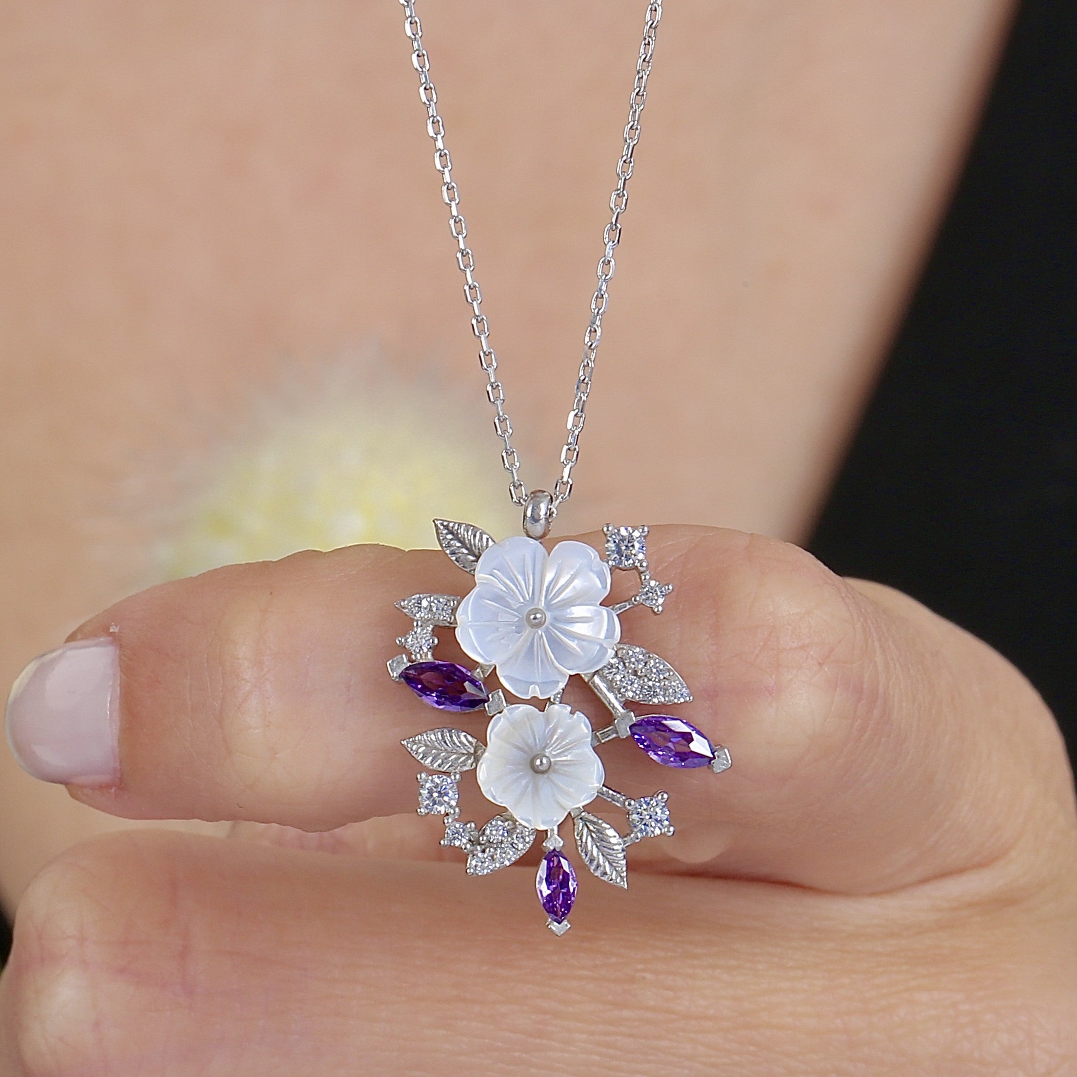 Magnolia Twin Bloom Amethyst Color CZ 925K Sterling Silver Necklace - Etossimo Jewelry