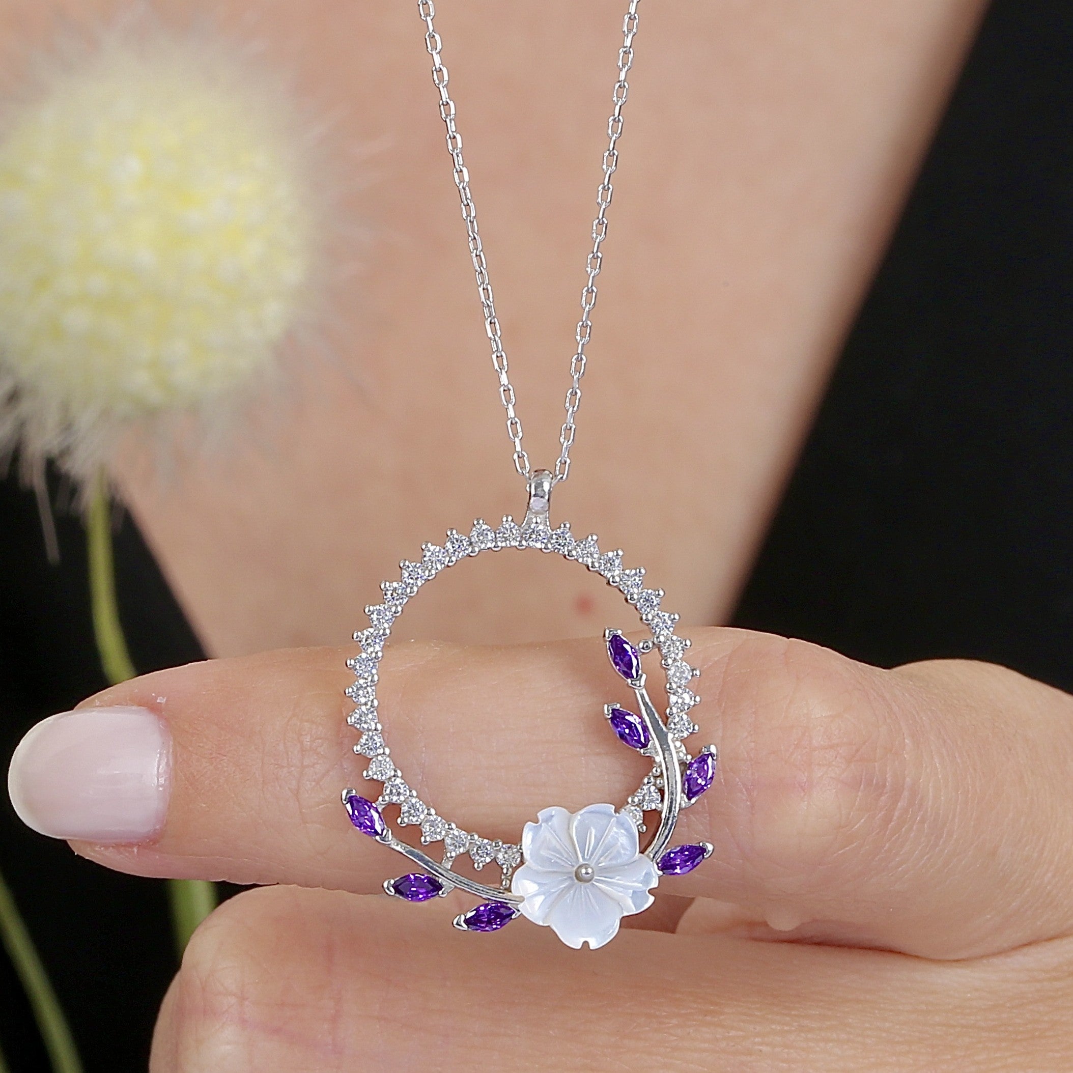 Magnolia Amethyst Color Crown CZ 925K Sterling Silver Necklace - Etossimo Jewelry