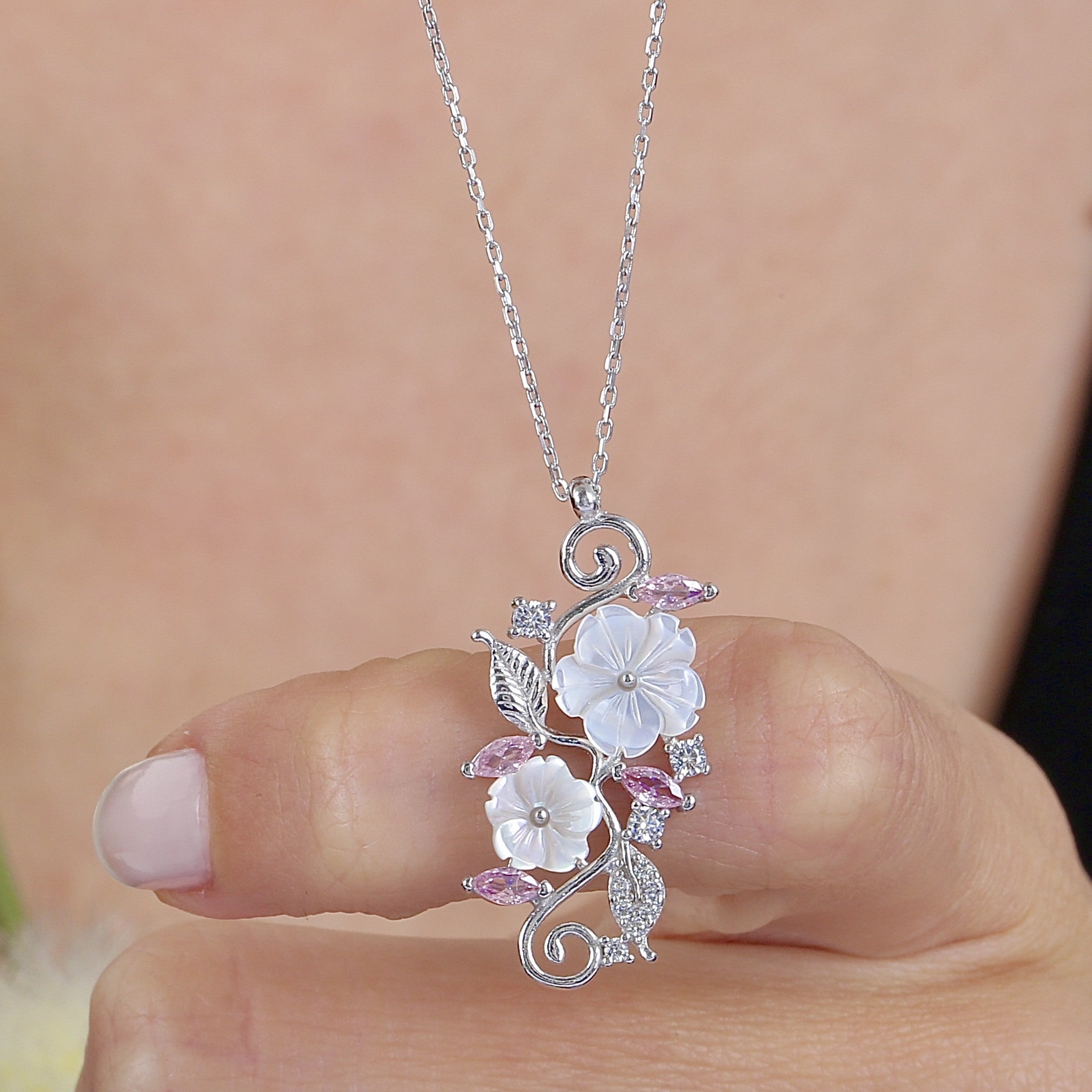 Magnolia Symphony Vine with Pink Gem CZ 925K Sterling Silver Necklace - Etossimo Jewelry
