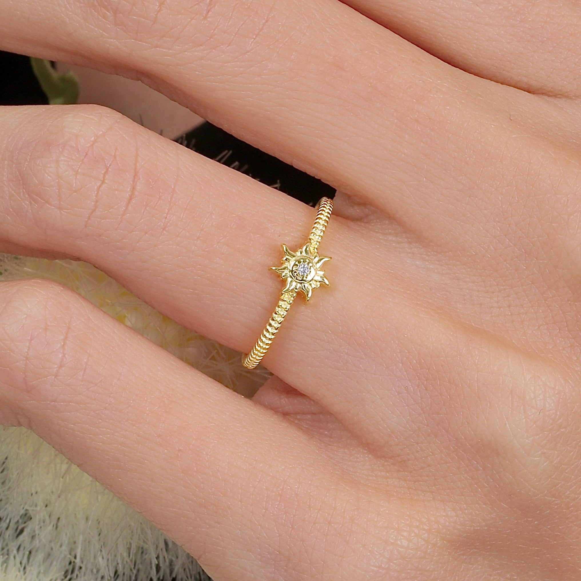 Dainty Sun Spark CZ 14K Gold Ring - Etossimo Jewelry