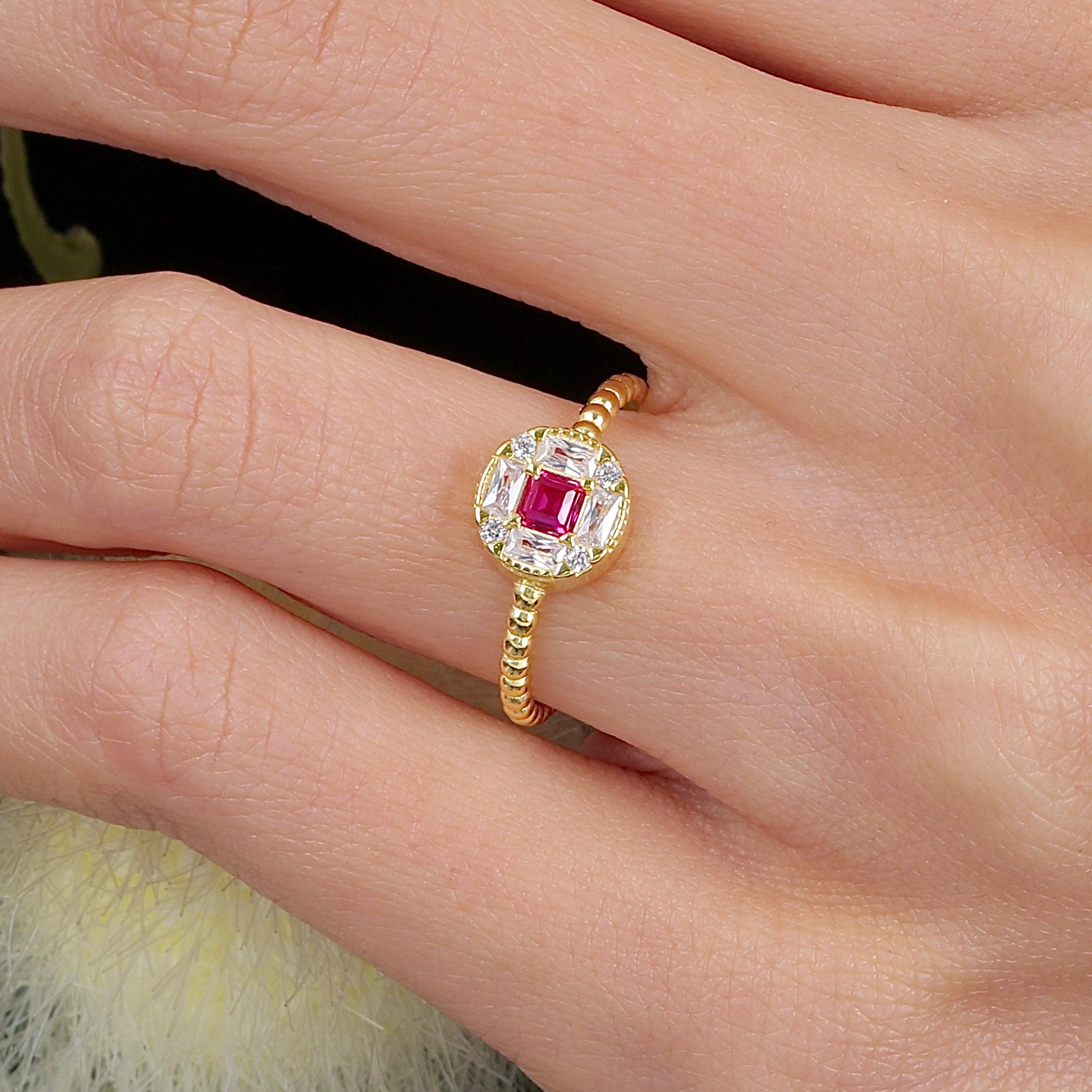 Noble Fuchsia Beaded Band CZ 14K Gold Ring - Etossimo Jewelry