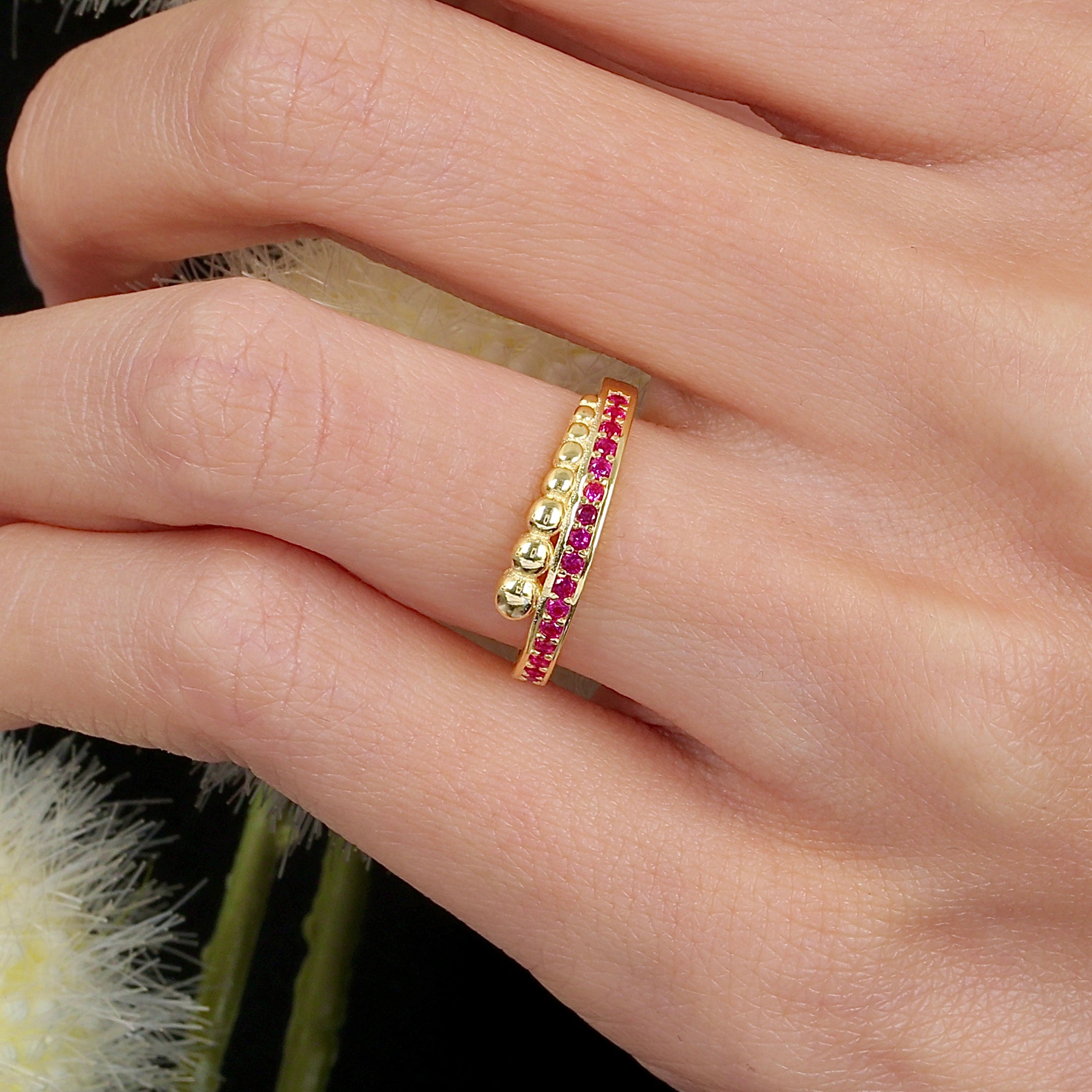 Ruby Color Beaded Band CZ 14K Gold Ring - Etossimo Jewelry