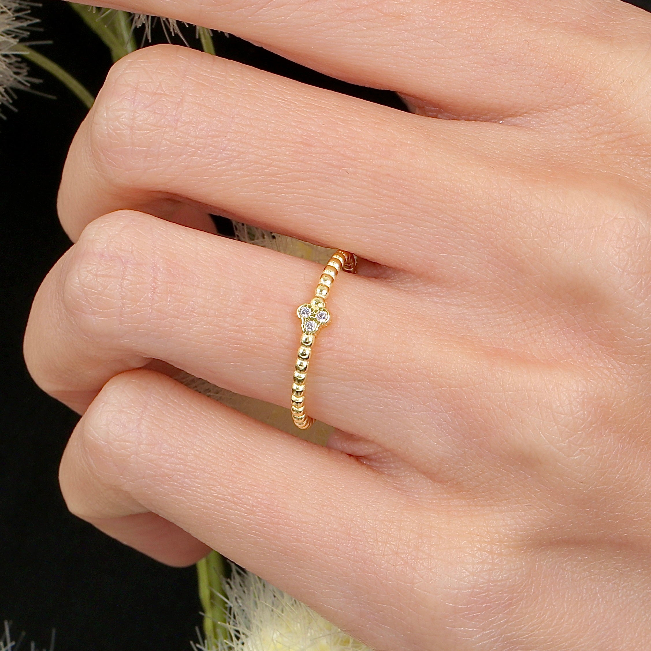 Trinity Spark Beaded Band CZ 14K Gold Ring - Etossimo Jewelry