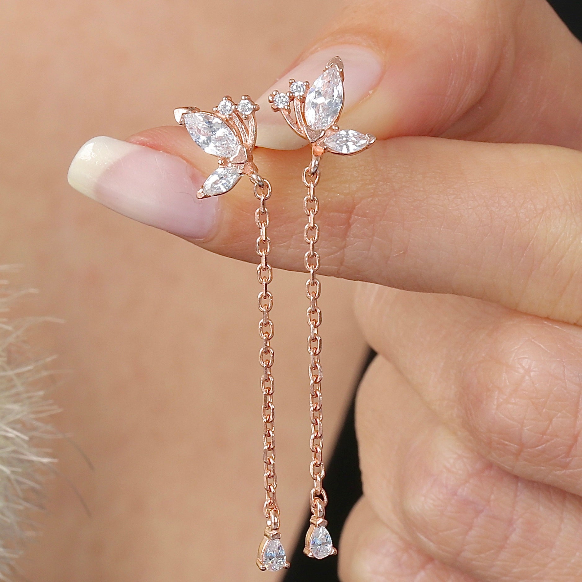 Butterfly Flutter Drop Dangles CZ Rose Gold 925K Sterling Silver Earrings - Etossimo Jewelry