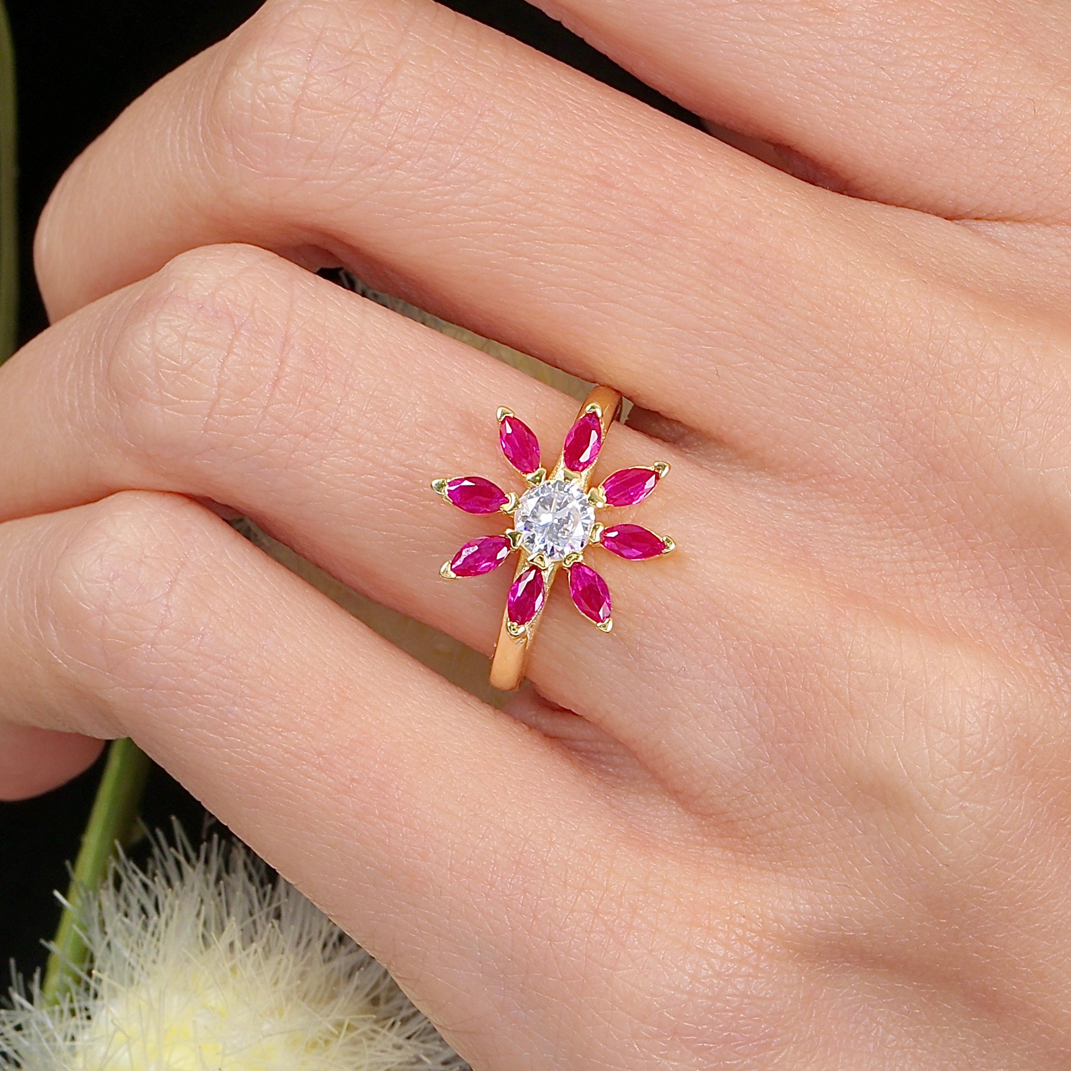 Sunlit Fuchsia Bloom CZ 14K Gold Ring - Etossimo Jewelry
