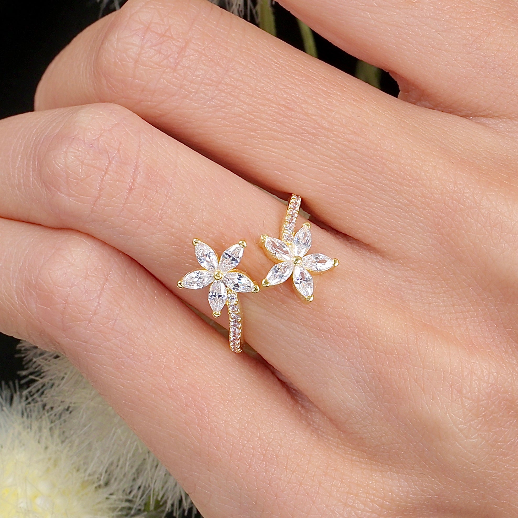 Everlasting Petals CZ Elegance 14K Gold Open Ring - Etossimo Jewelry