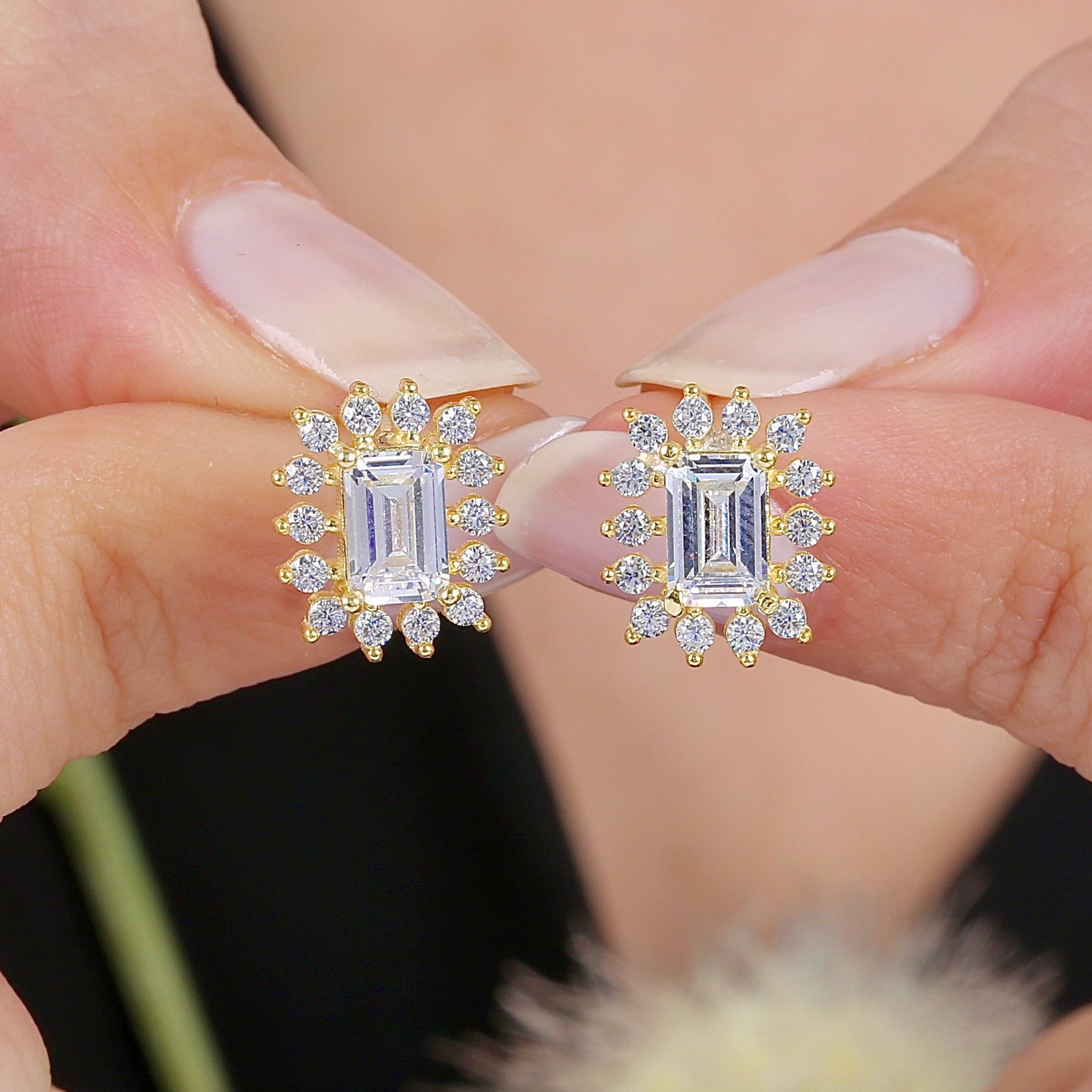 Lustrous Sunstar Baguette CZ 14K Gold Earrings - Etossimo Jewelry