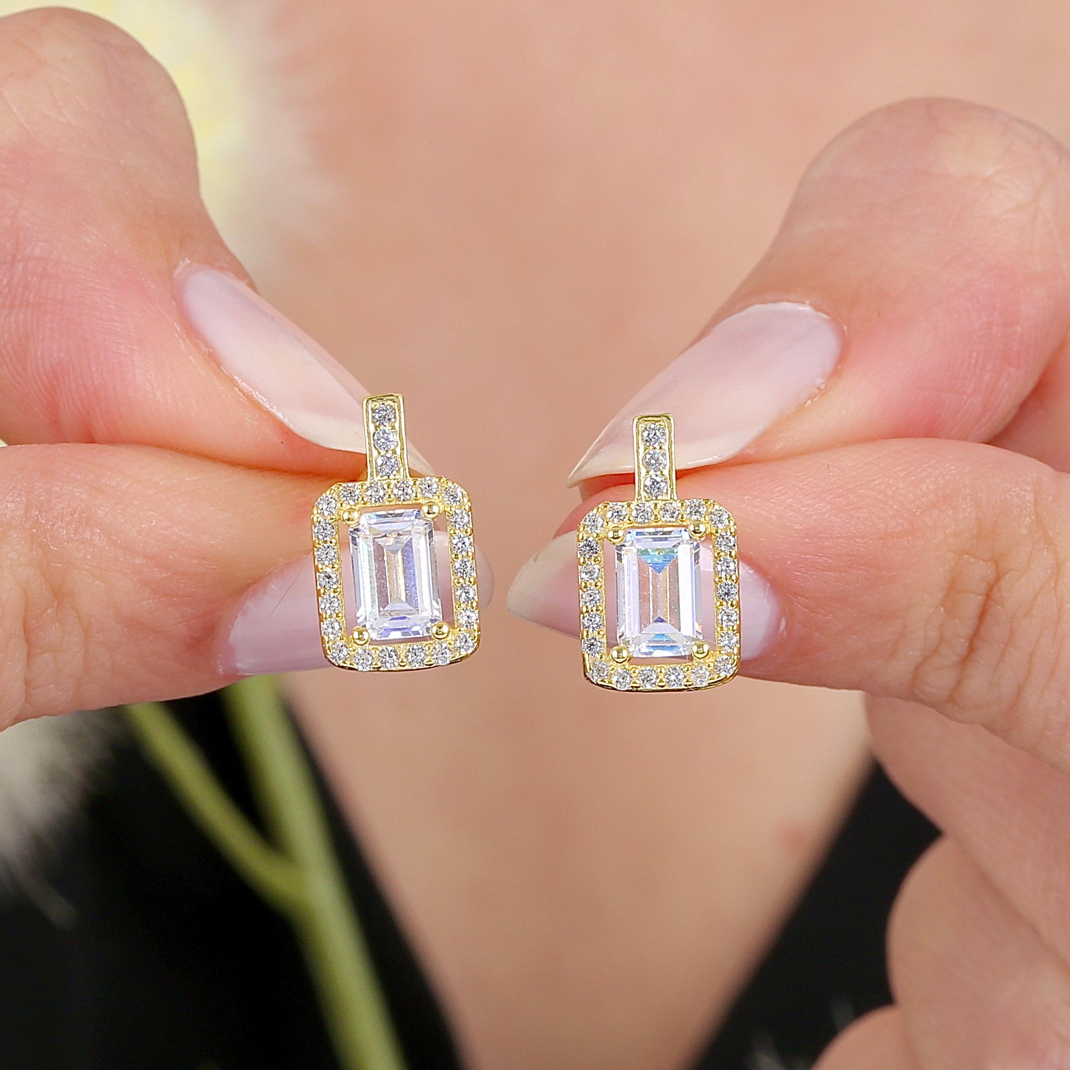 Graceful Radiance Emerald Cut CZ 14K Gold Earrings - Etossimo Jewelry