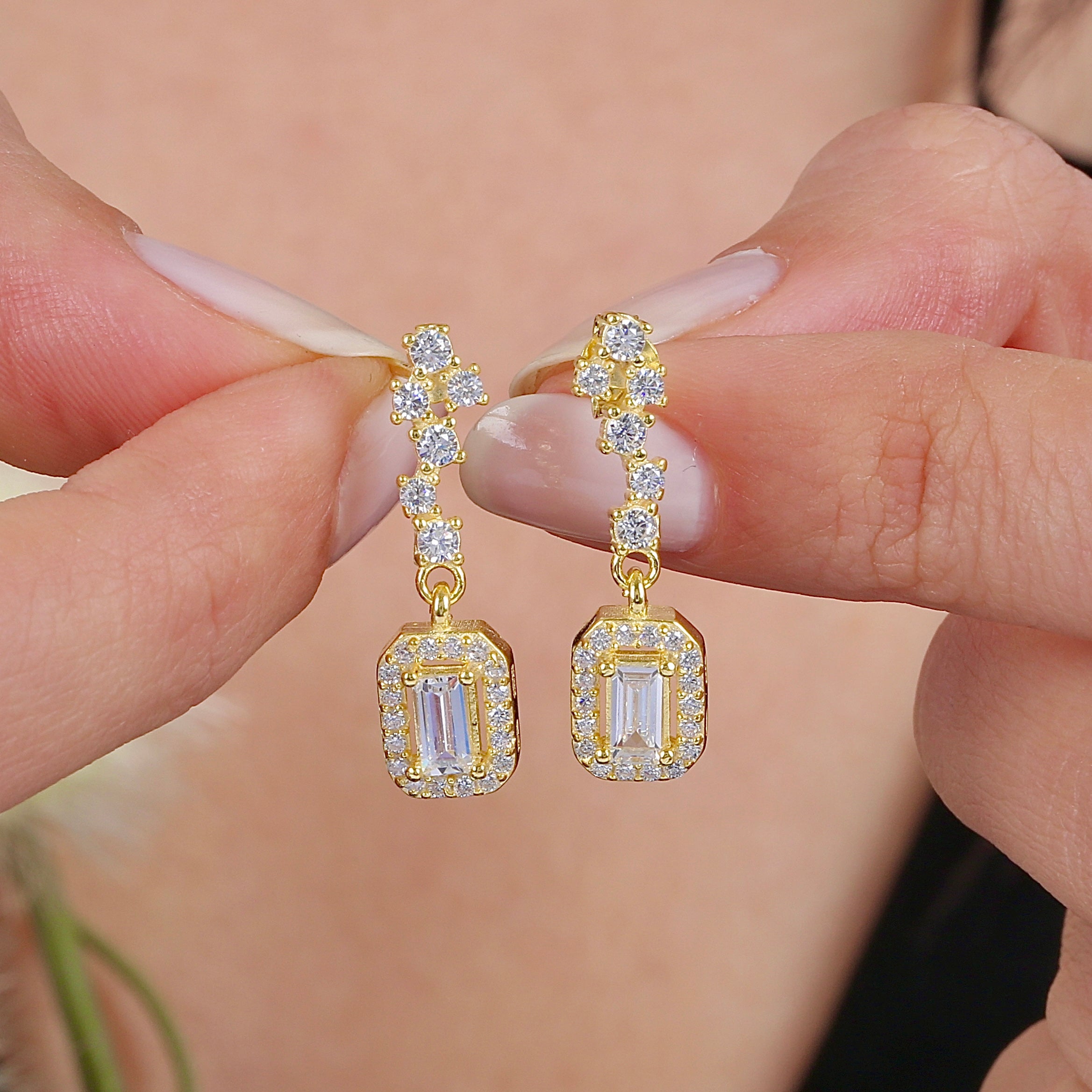 Lustrous Cascade Emerald Cut CZ 14K Gold Earrings - Etossimo Jewelry