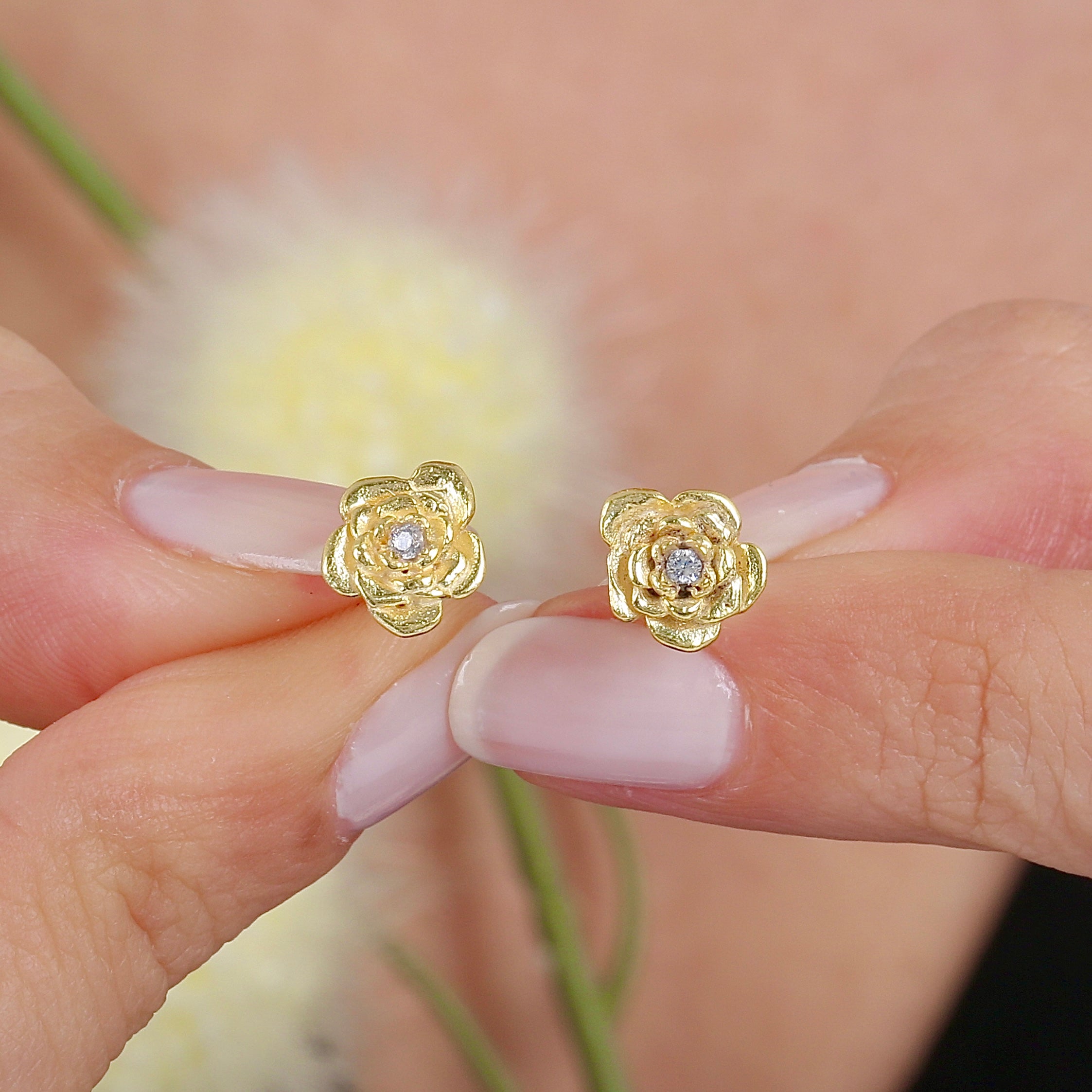 Gilded Rosebud CZ 14K Gold Stud Earrings - Etossimo Jewelry