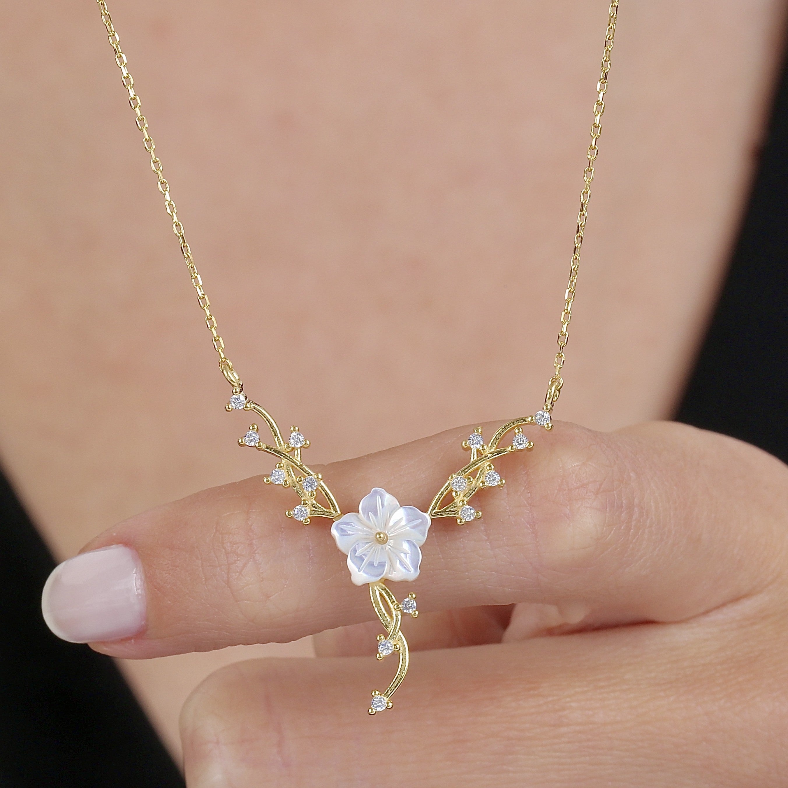 Lustrous Magnolia Whispers CZ 14K Gold Necklace - Etossimo Jewelry