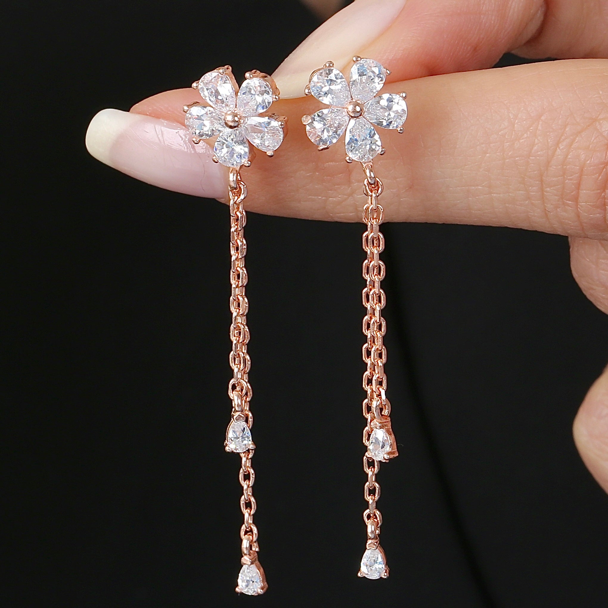 Plumeria Glow Drop Dangles CZ Rose Gold 925K Sterling Silver Earrings - Etossimo Jewelry