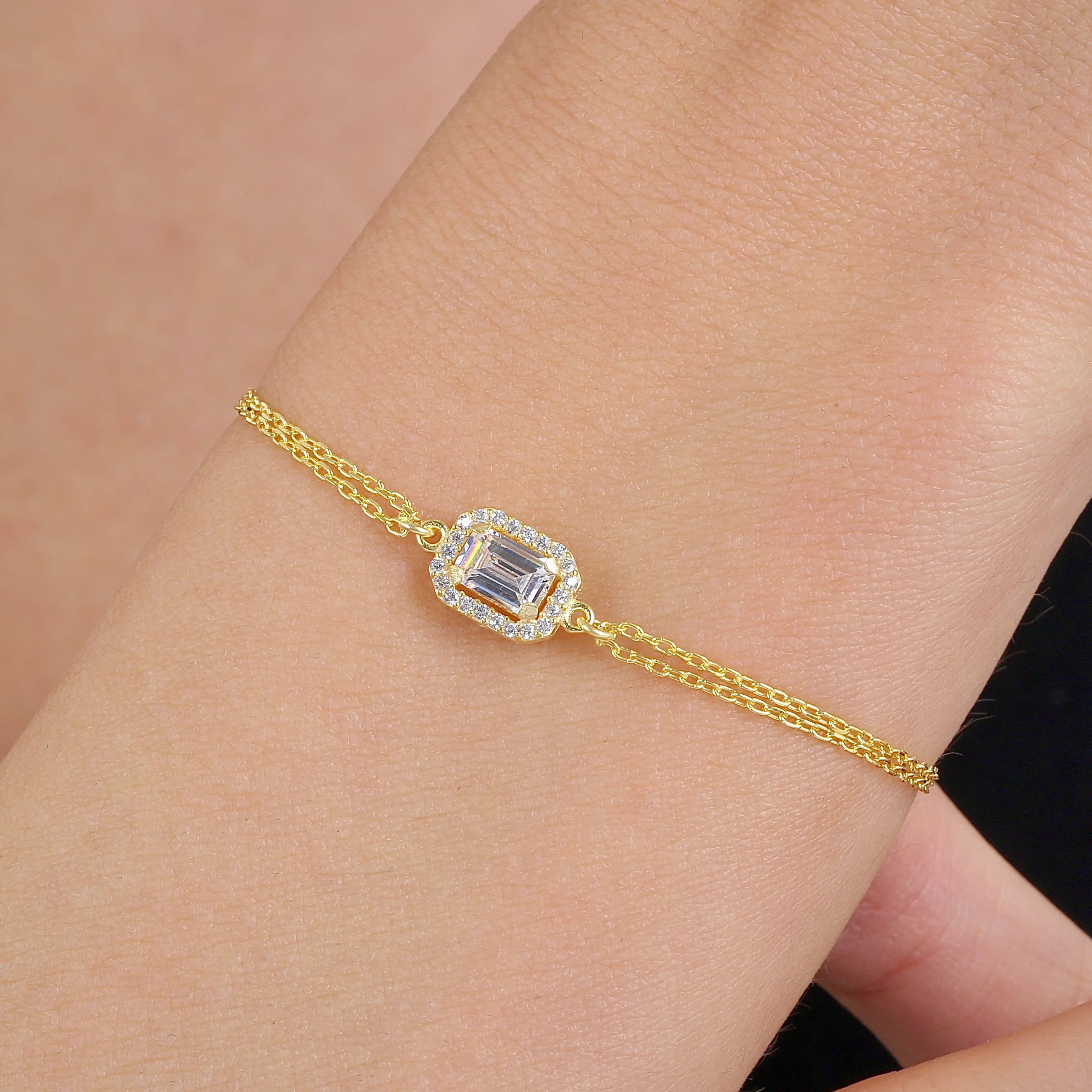 Graceful Radiance Rectangular Emerald Cut CZ 14K Gold Bracelet - Etossimo Jewelry