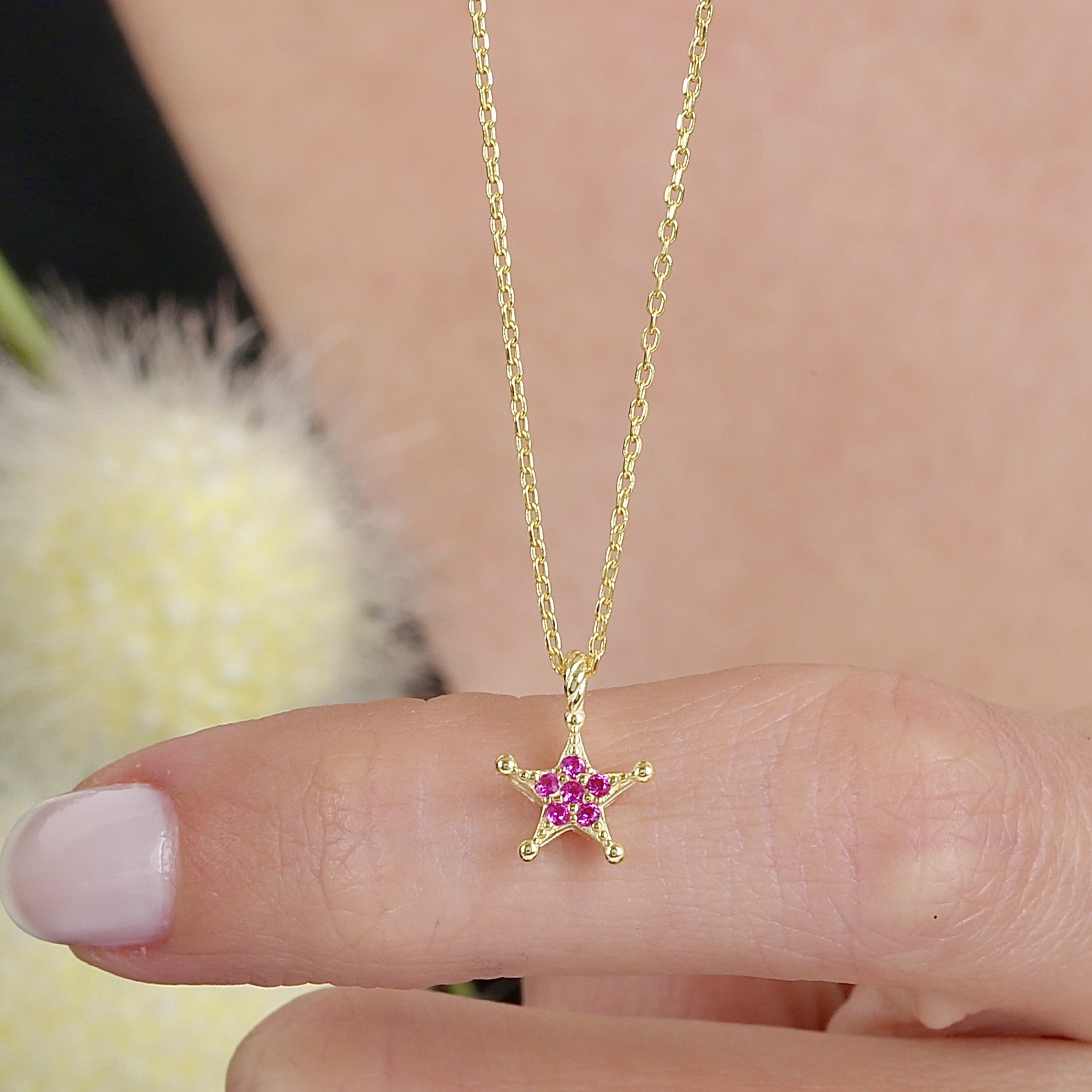 Fuchsia Sheriff Badge Star CZ 14K Gold Necklace - Etossimo Jewelry