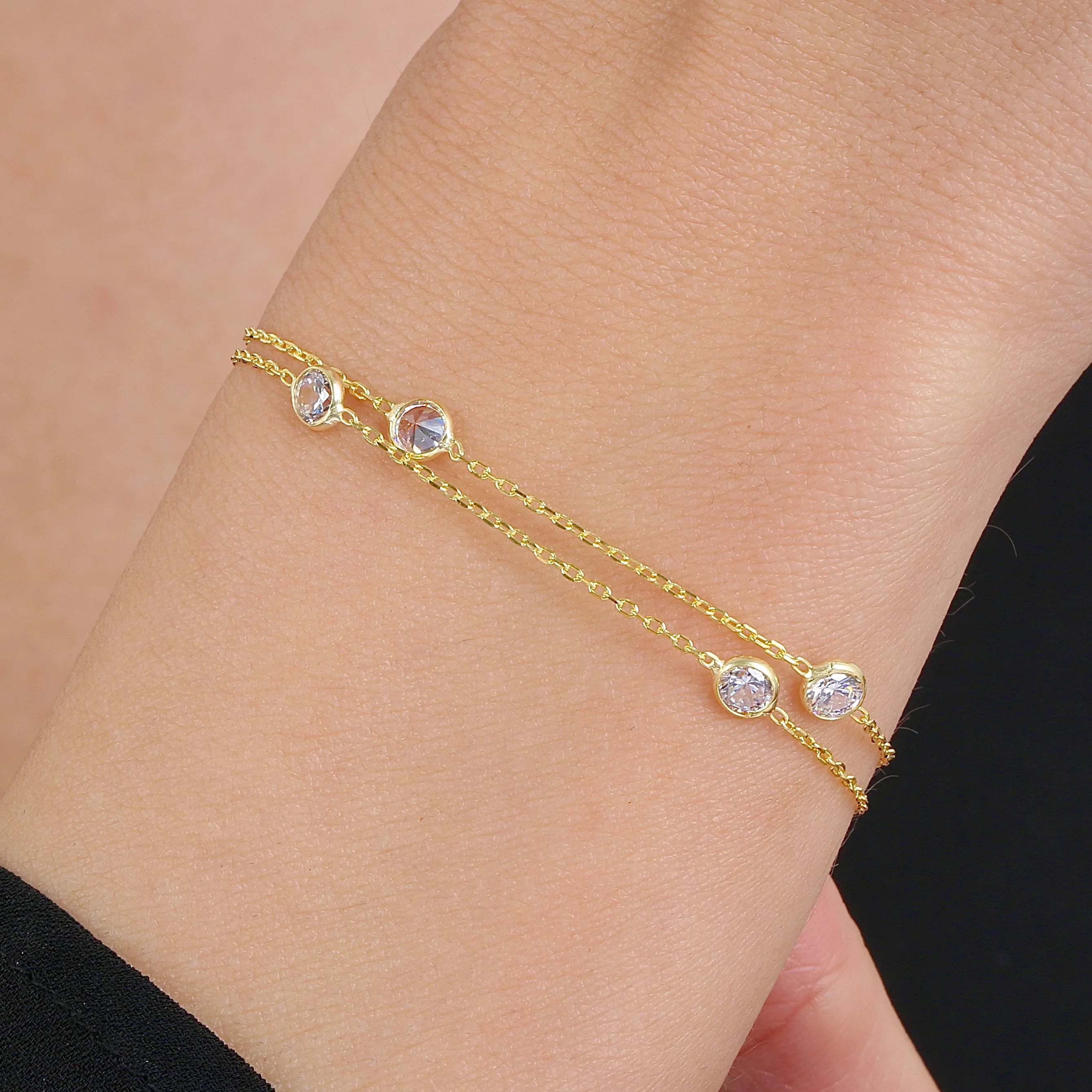 Ethereal Glow Double Chain CZ 14K Gold Bracelet - Etossimo Jewelry