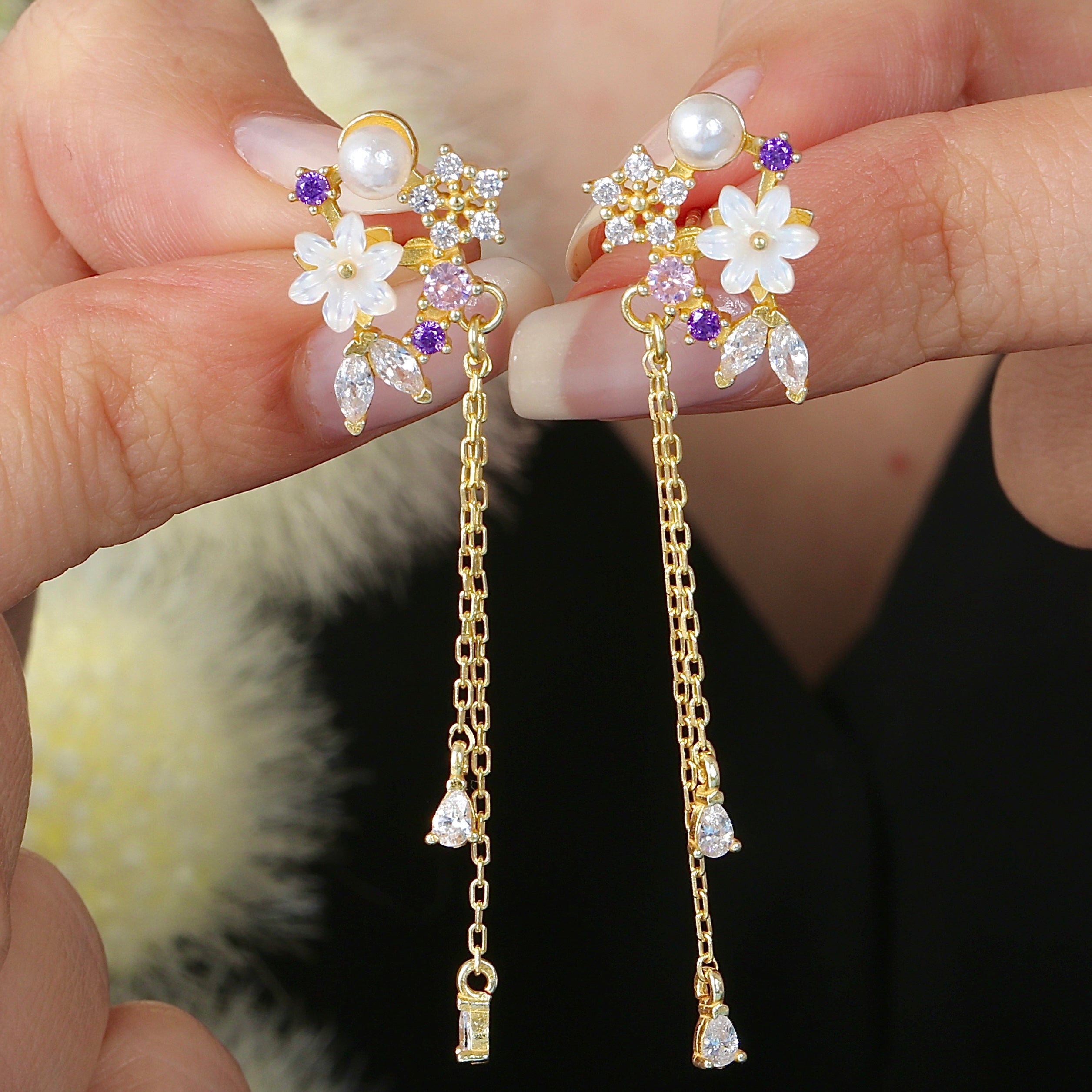 Spring Flowers Drop Dangles CZ 14K Gold Earrings - Etossimo Jewelry