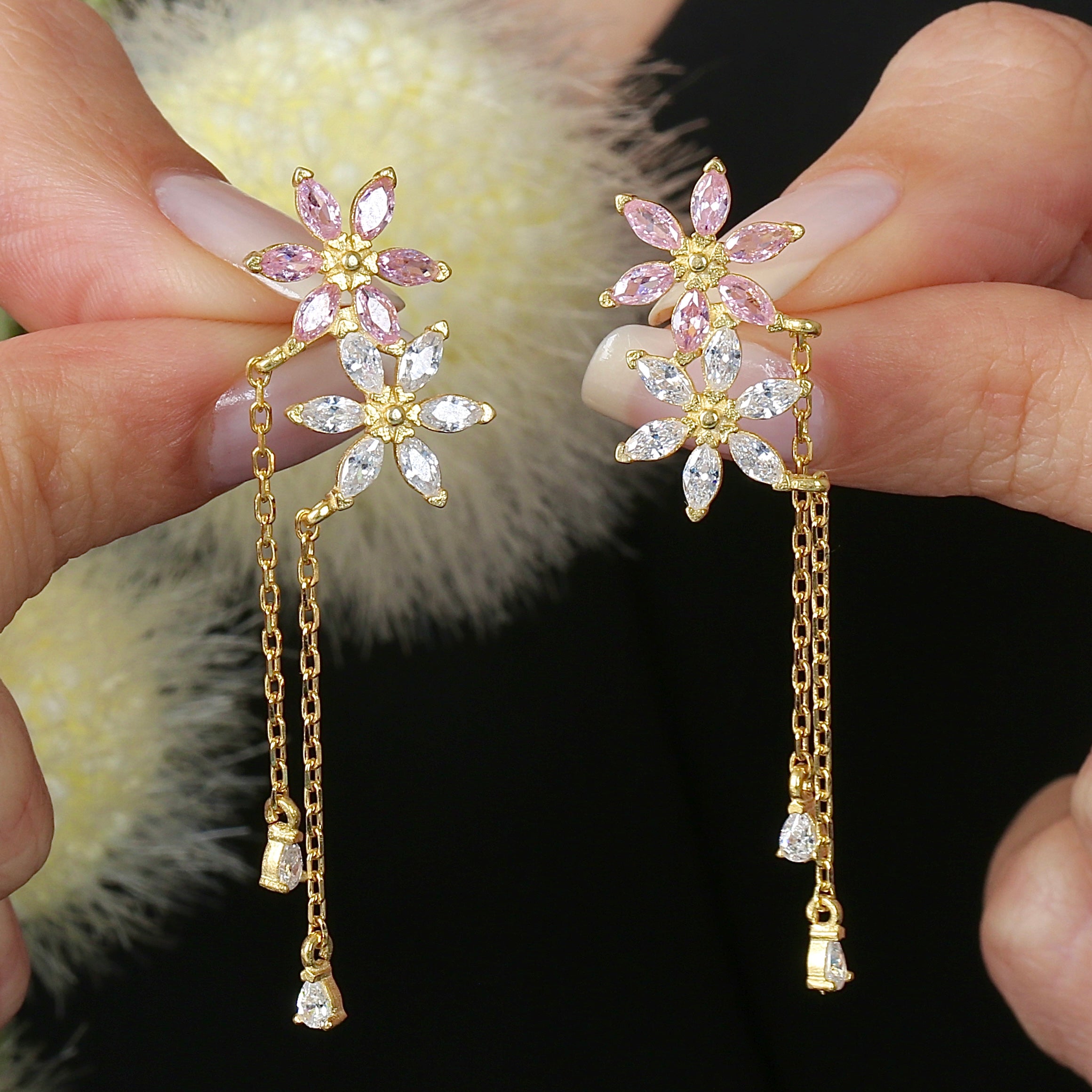 Sakura Blooms Drop Dangles CZ 14K Gold Earrings - Etossimo Jewelry