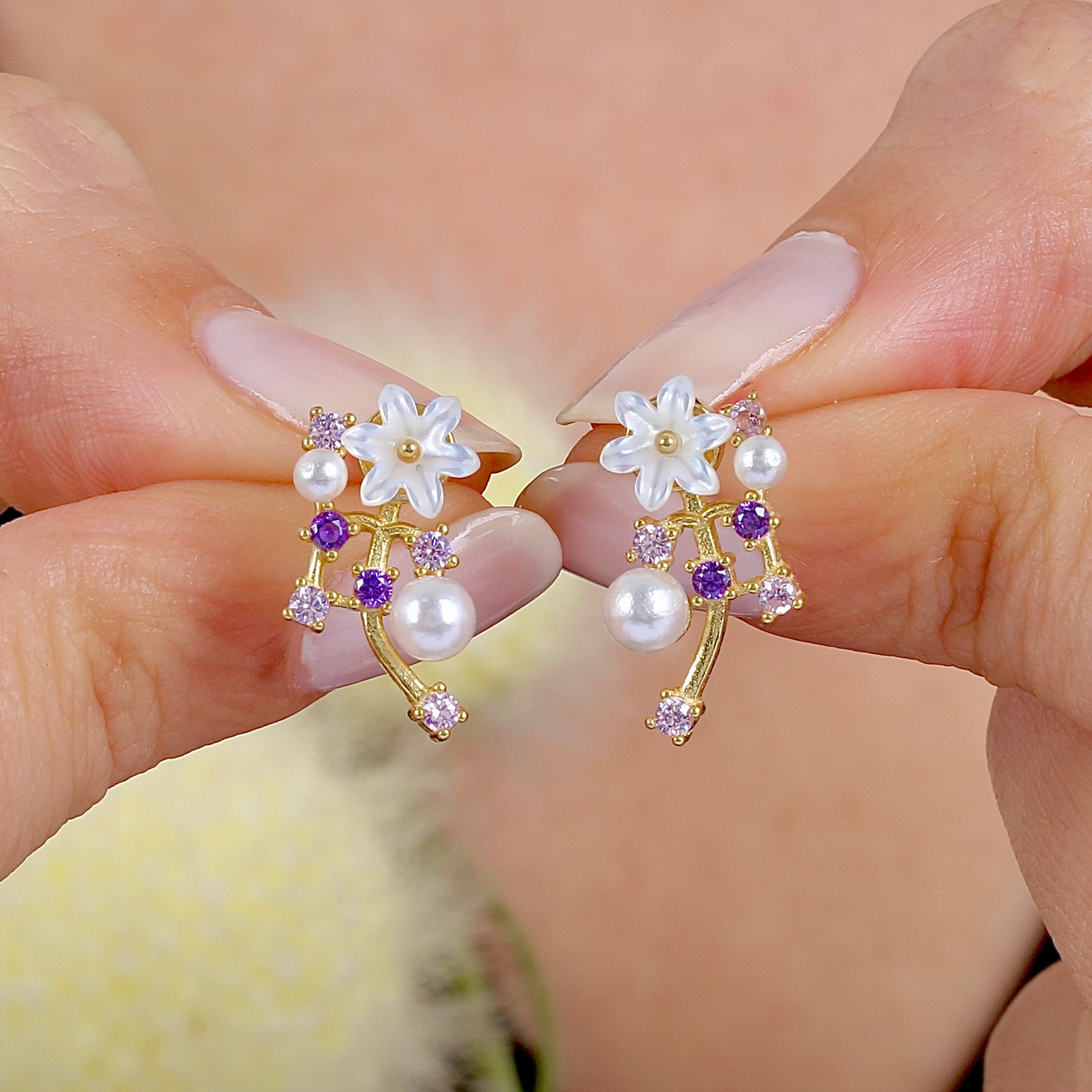 Colorful Floral Jasmine Vine CZ 14K Gold Earrings - Etossimo Jewelry