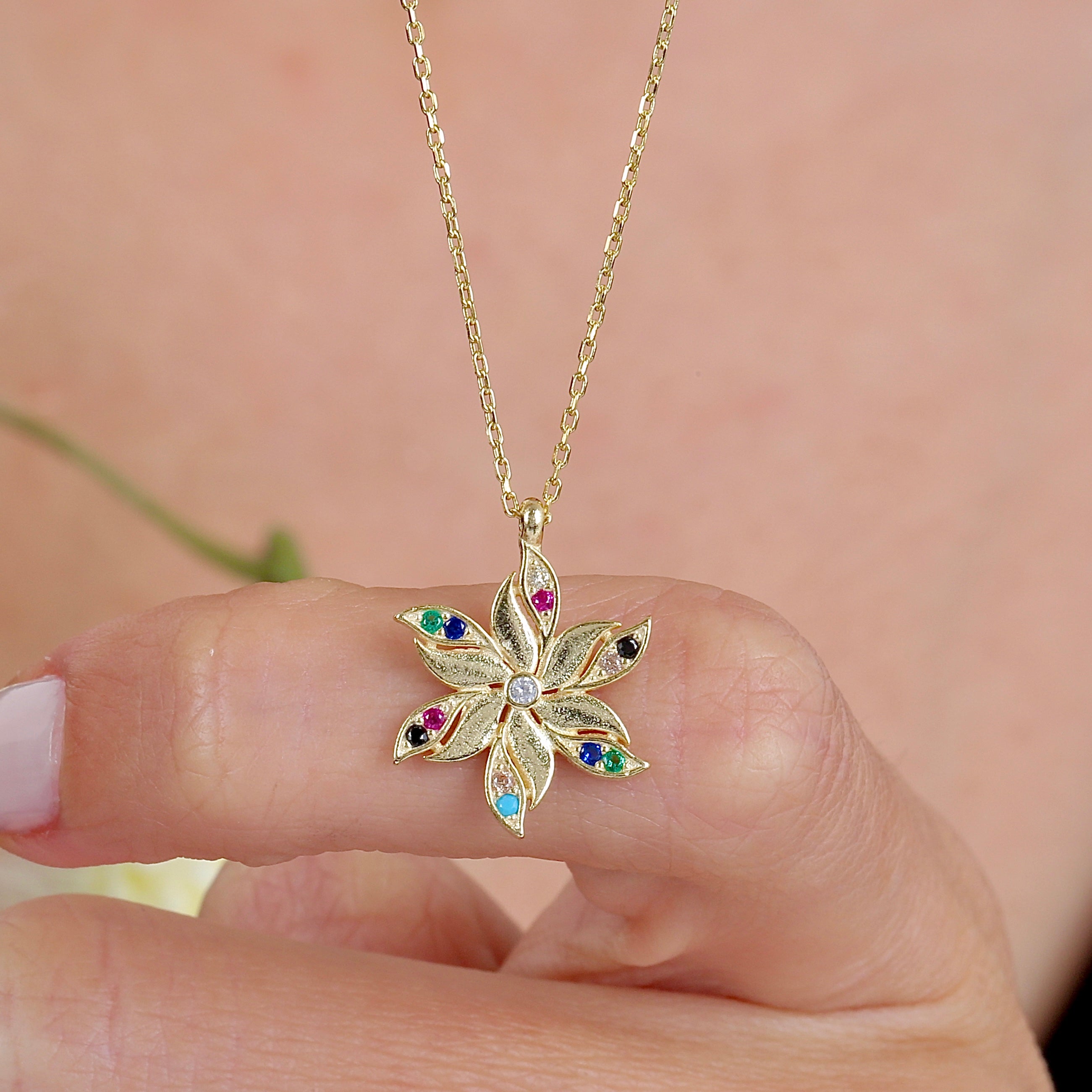 Stellar Bloom Multicolor CZ 14K Gold Necklace - Etossimo Jewelry