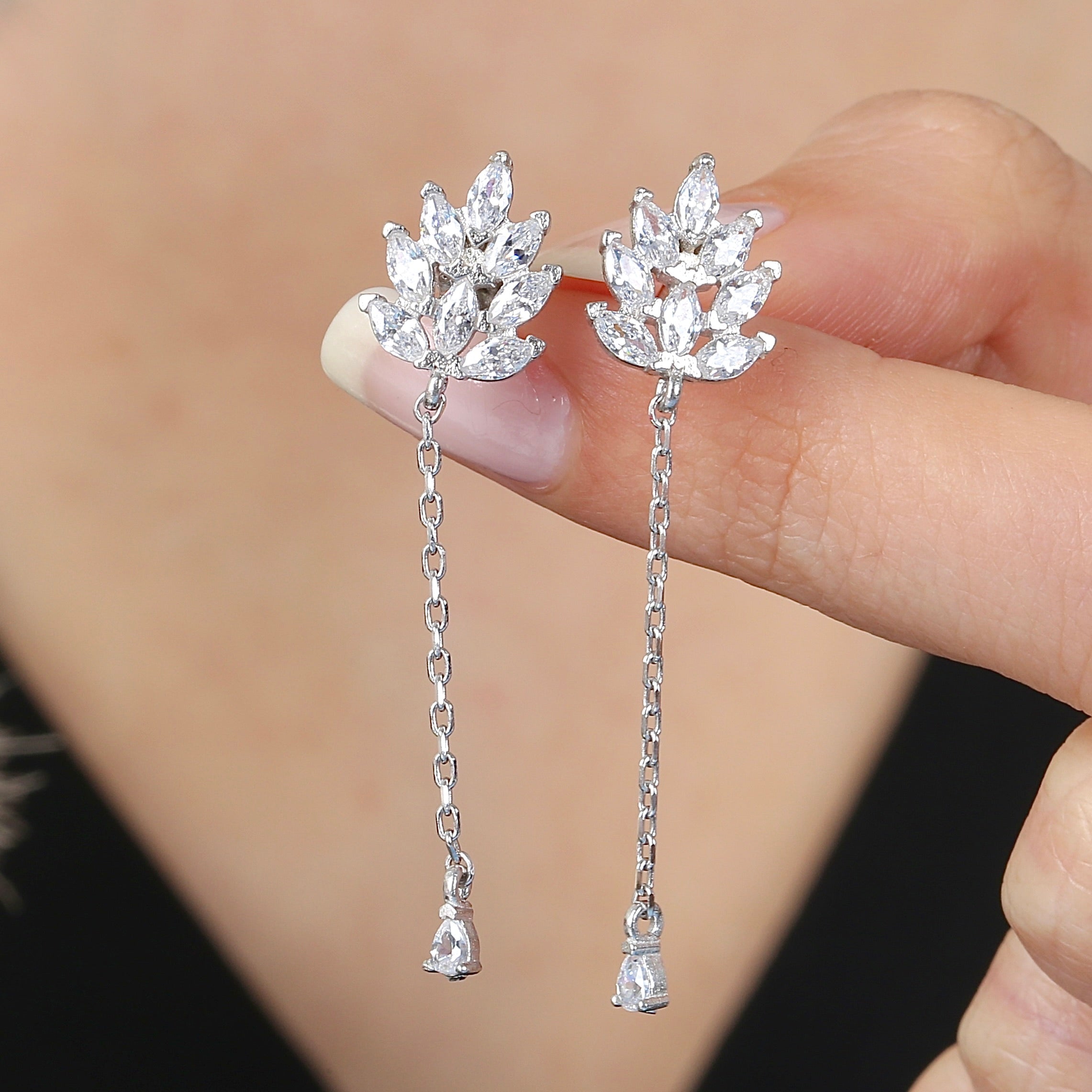 Lotus Charm Drop Dangles CZ 925K Sterling Silver Earrings - Etossimo Jewelry