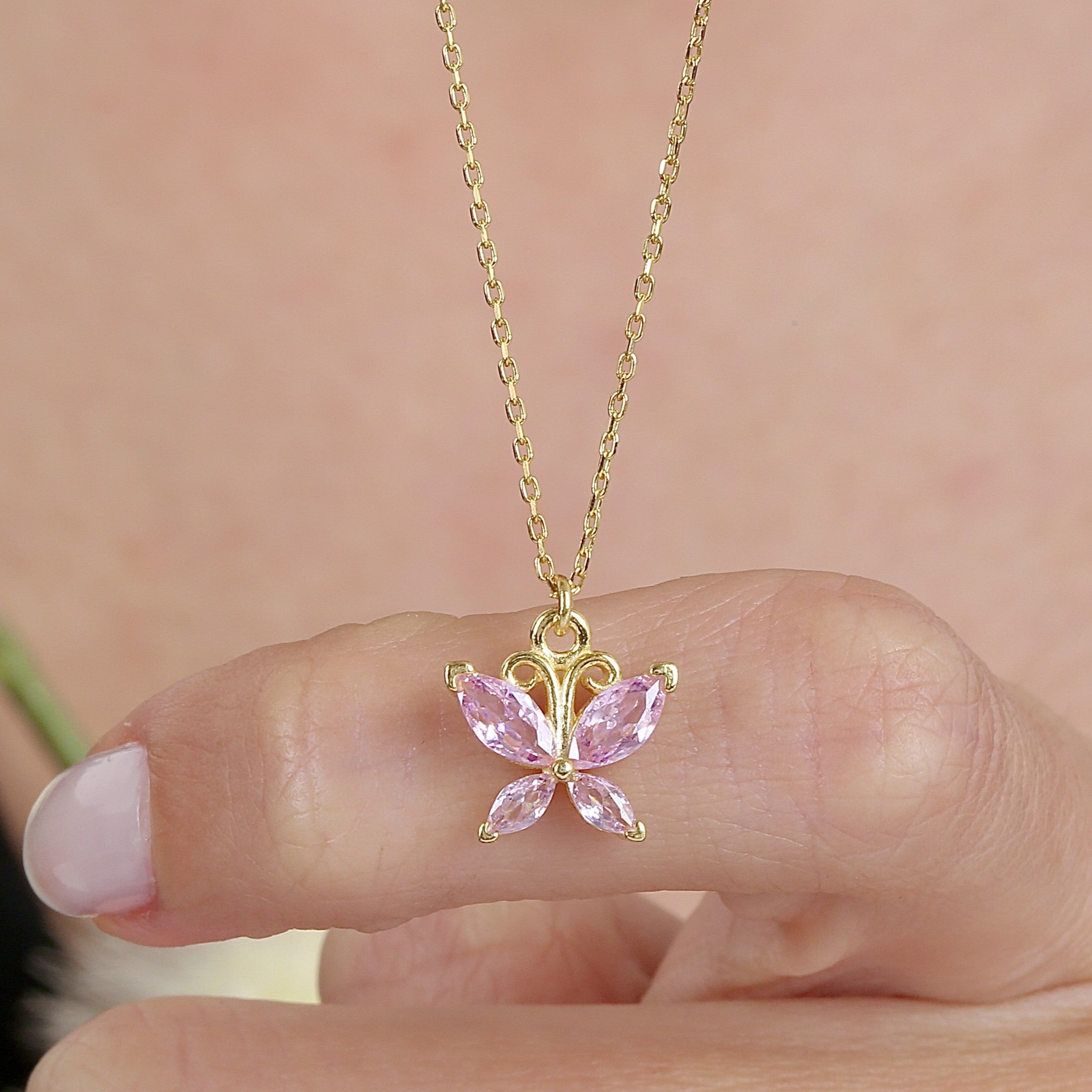 Ethereal Pink Stone Butterfly CZ 14K Gold Necklace - Etossimo Jewelry