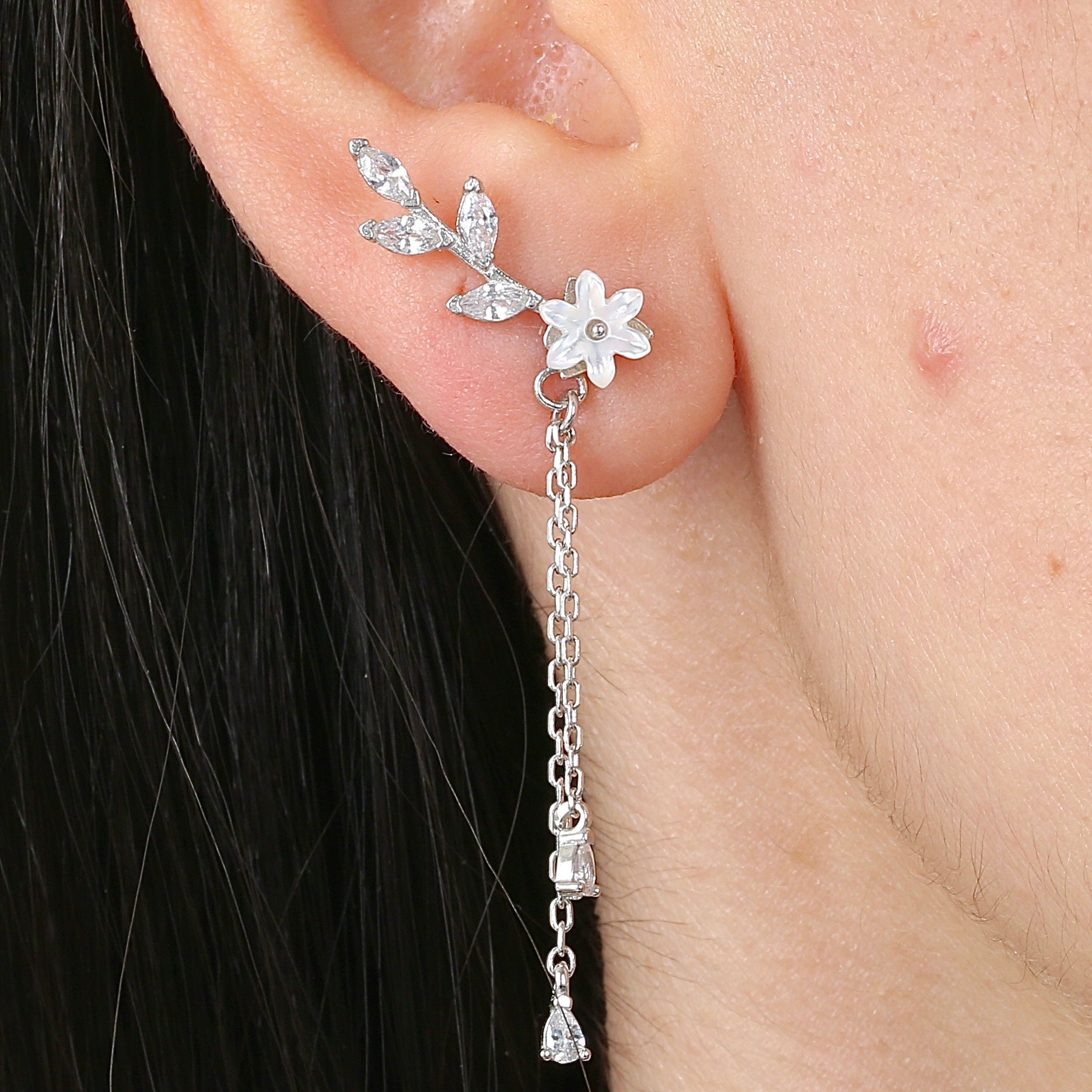 Magnolia Twig Drop Dangles CZ 925K Sterling Silver Earrings - Etossimo Jewelry