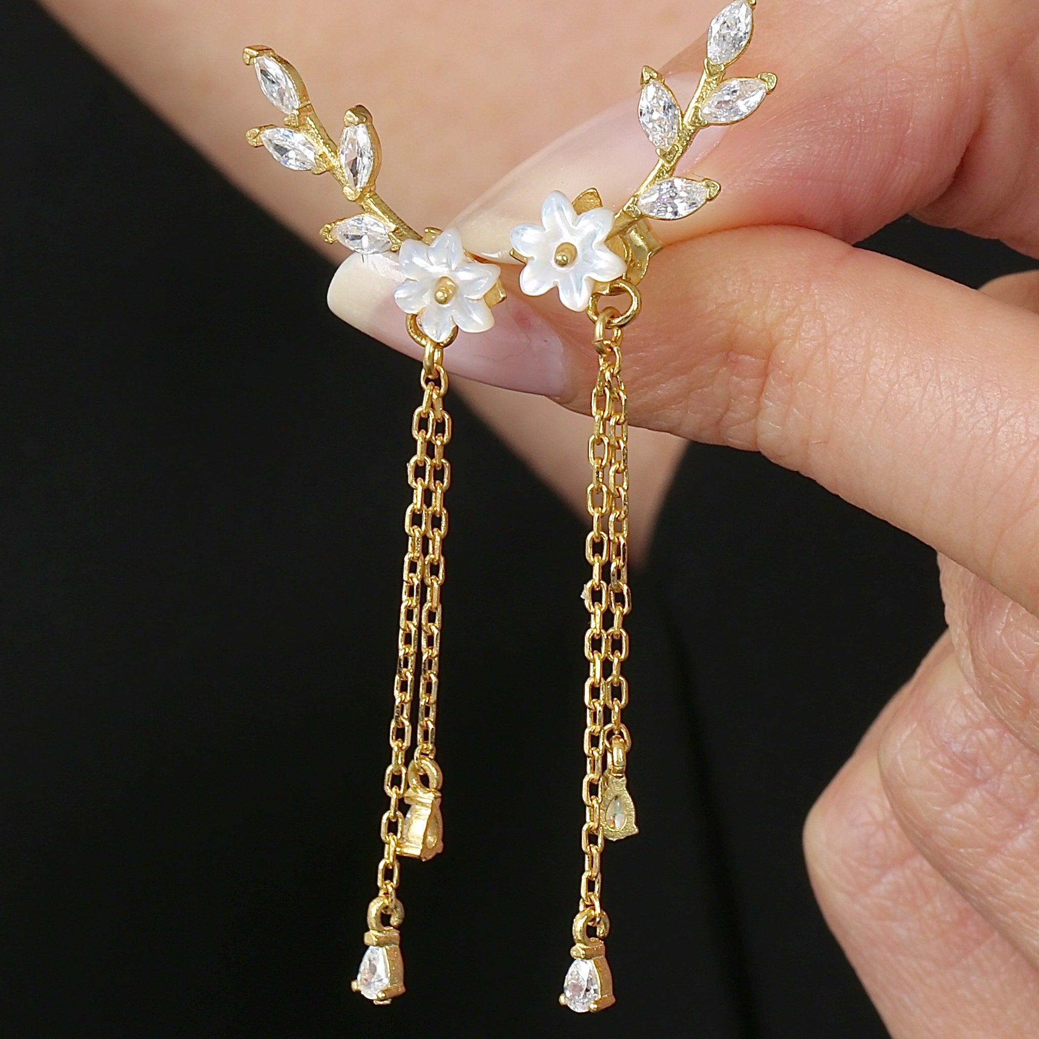 Magnolia Twig Drop Dangles CZ 14K Gold Earrings - Etossimo Jewelry