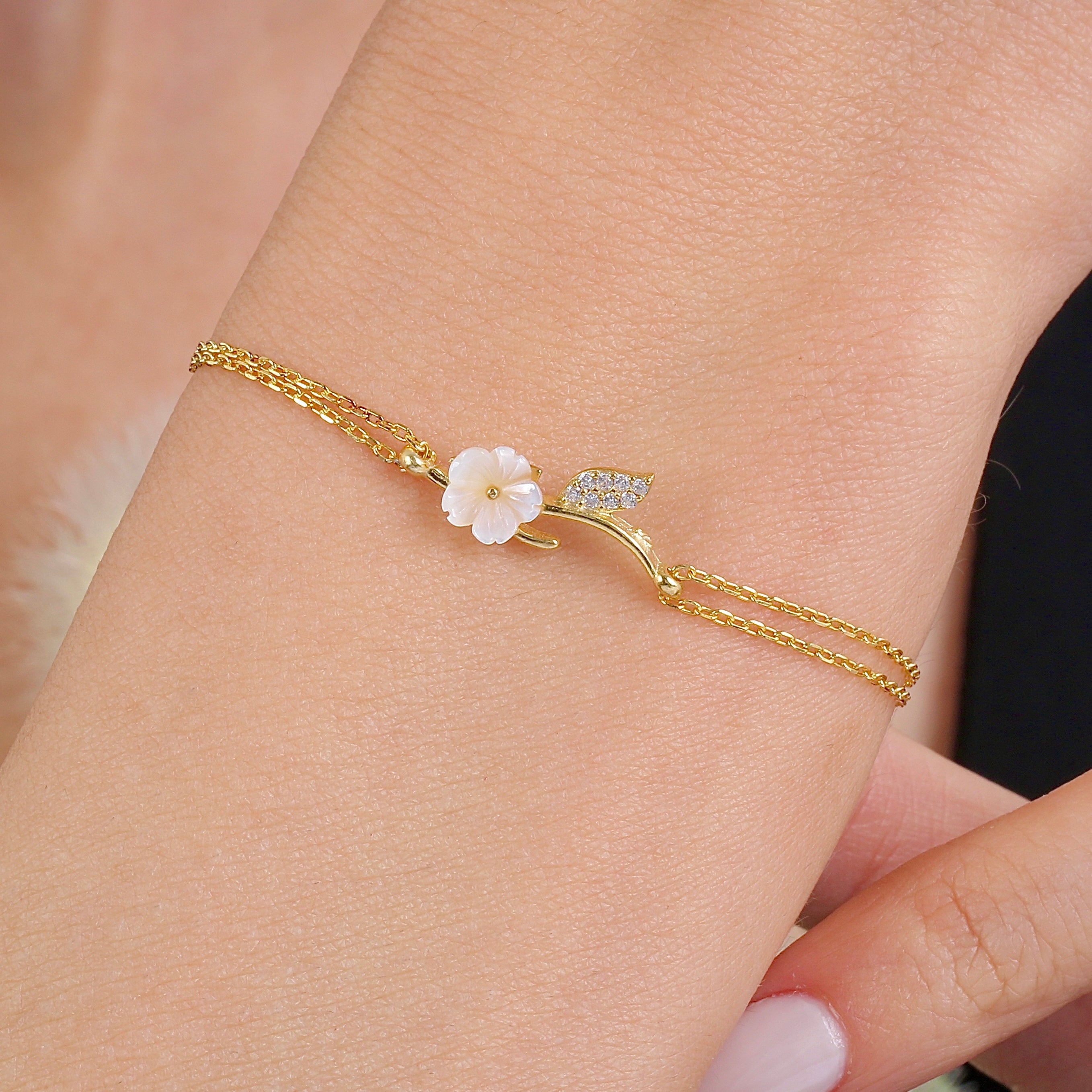 Botanic Magnolia Bloom Vine CZ 14K Gold Bracelet - Etossimo Jewelry