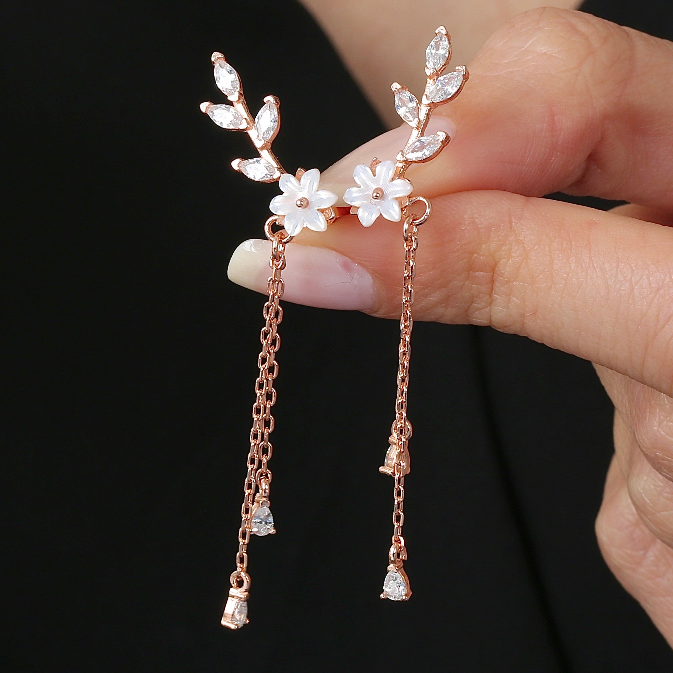 Magnolia Twig Drop Dangles CZ Rose Gold 925K Sterling Silver Earrings - Etossimo Jewelry