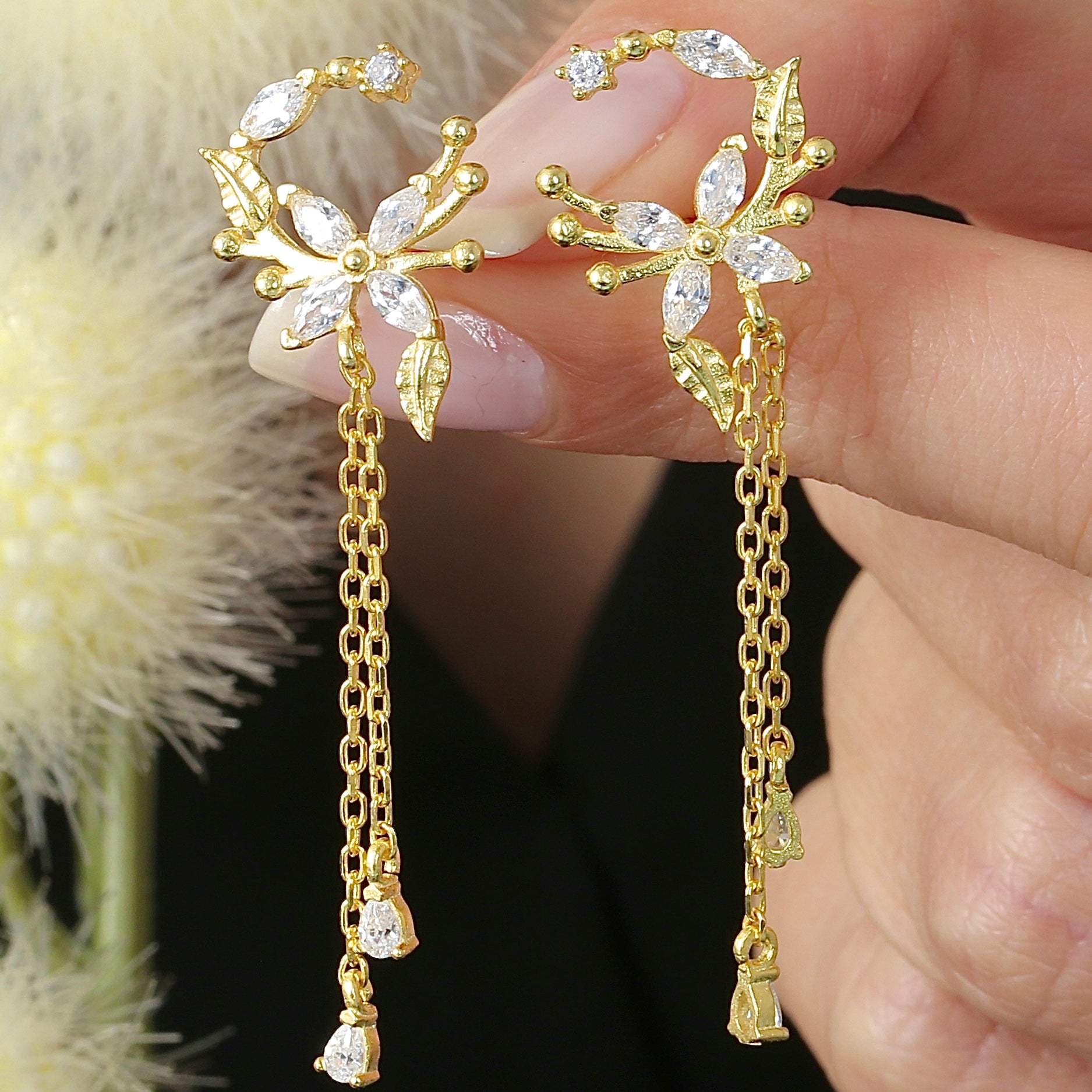 Celestial Moon Flower Drop Dangles CZ 14K Gold Earrings - Etossimo Jewelry