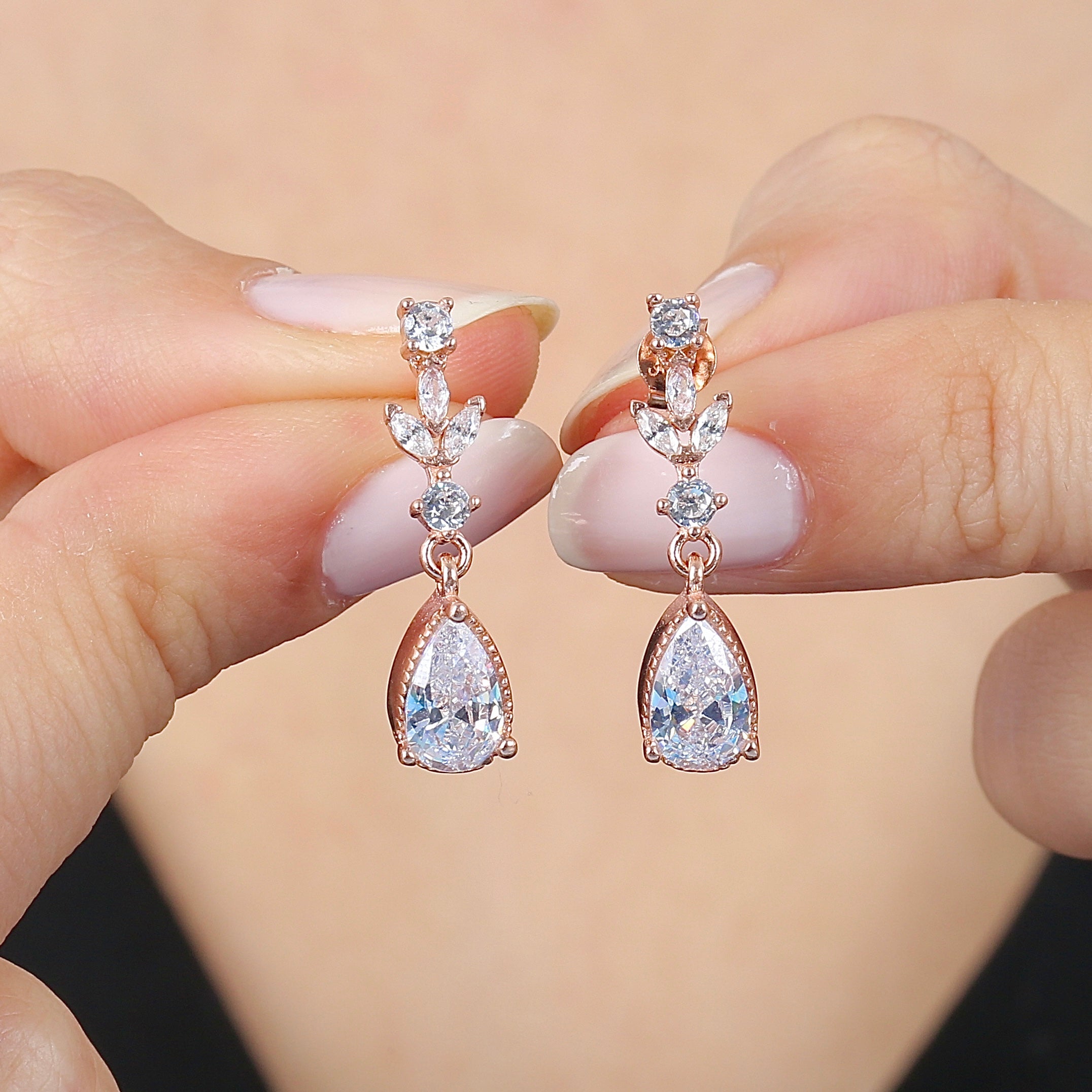 Graceful Petal Drop CZ Rose Gold 925K Sterling Silver Earrings - Etossimo Jewelry