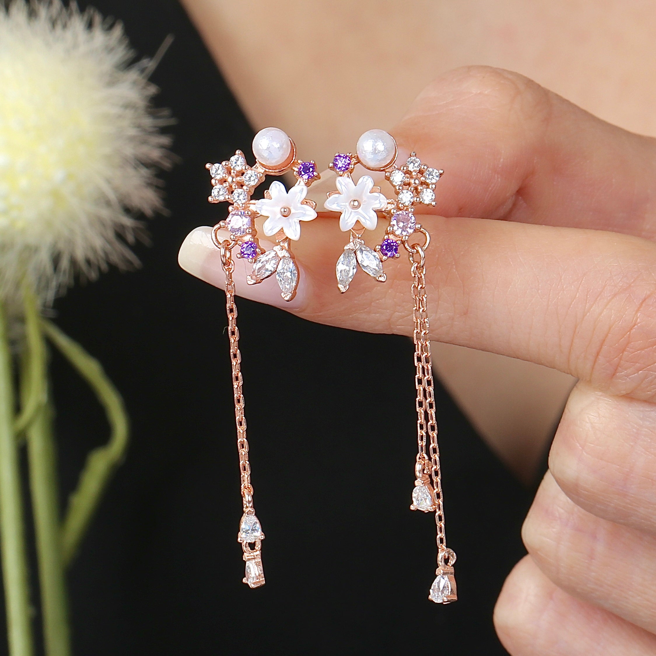 Spring Flowers Drop Dangles CZ Rose Gold 925K Sterling Silver Earrings - Etossimo Jewelry