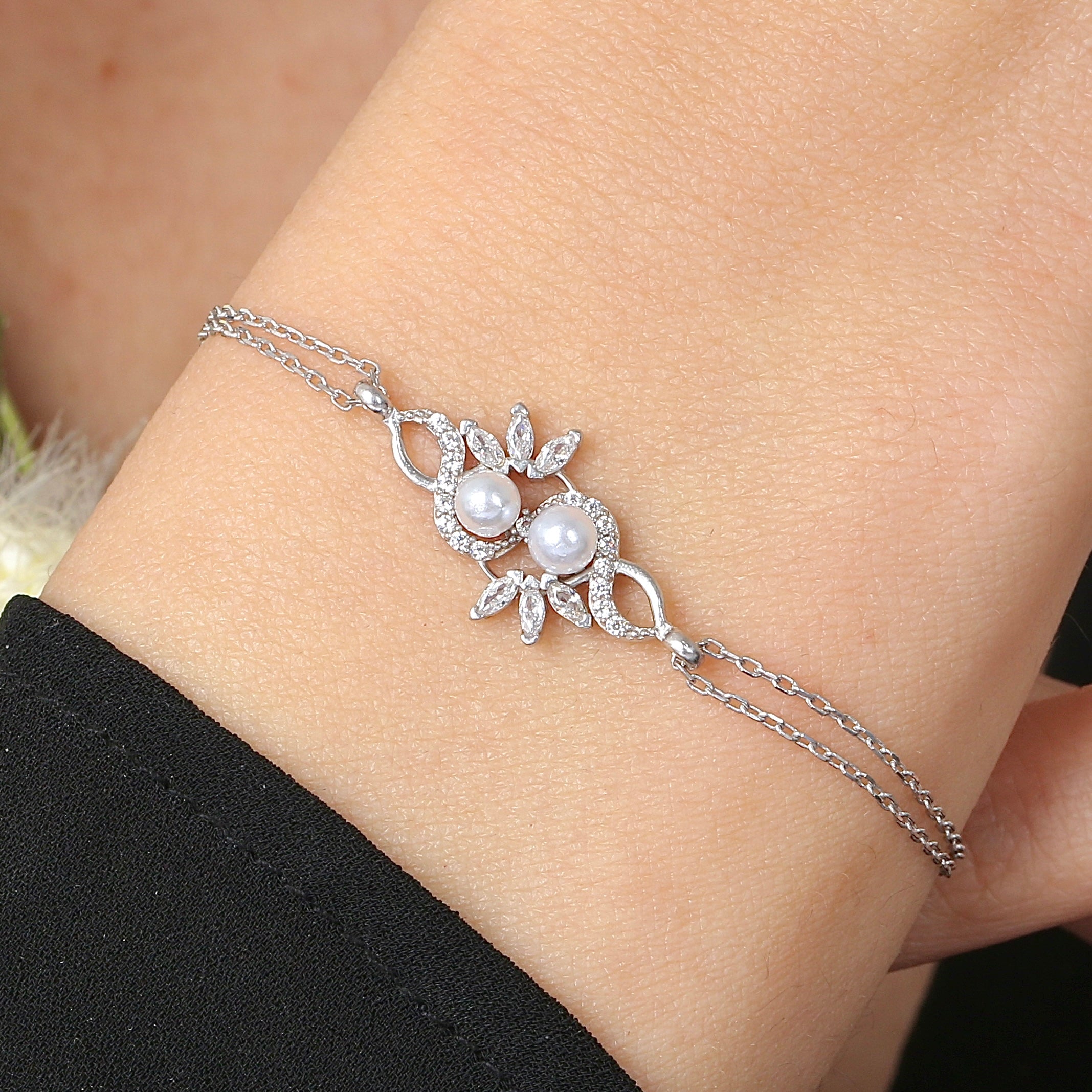 Lustrous Pearl Beaded Vine CZ 925K Sterling Silver Bracelet - Etossimo Jewelry