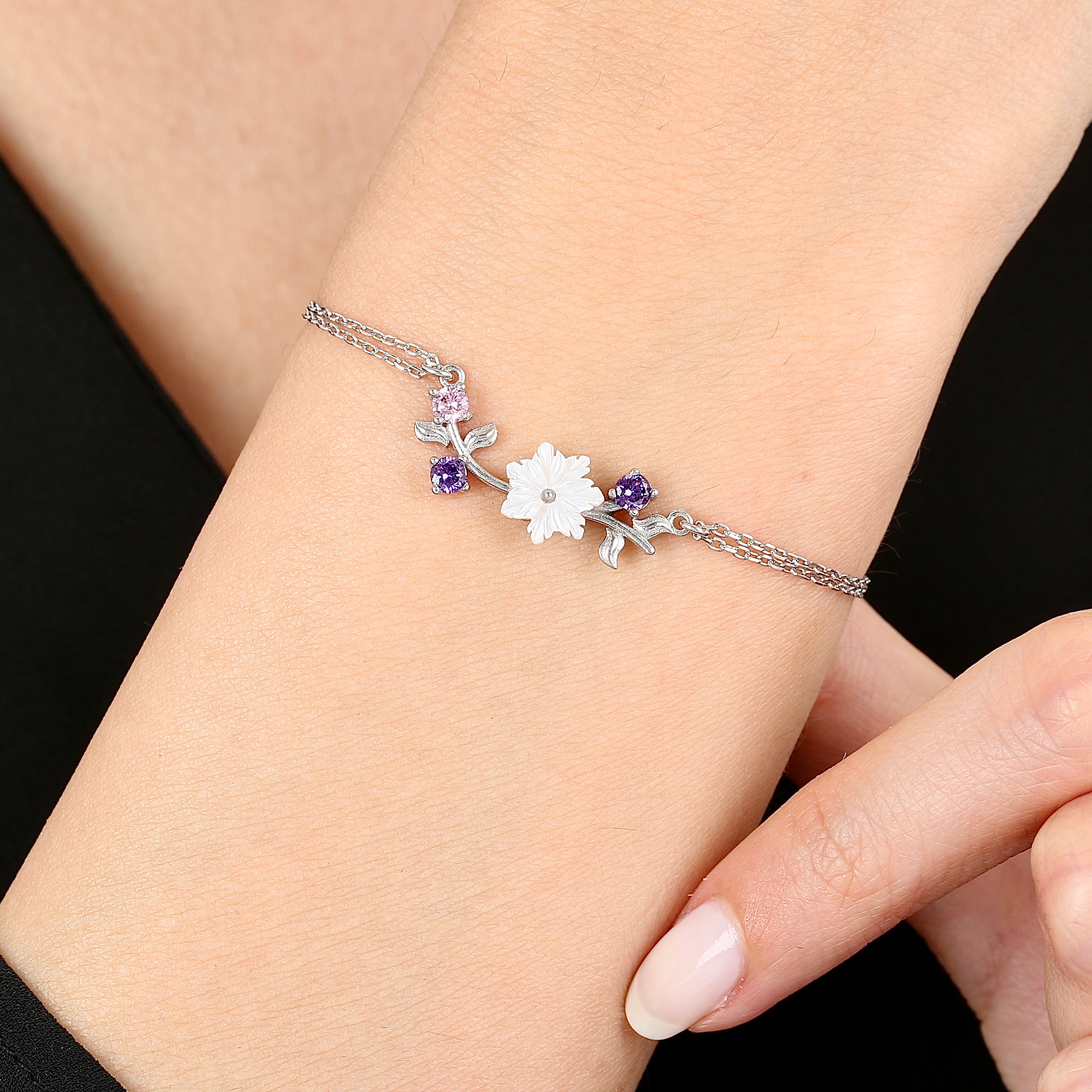 Graceful Magnolia Sprout CZ 925K Sterling Silver Bracelet - Etossimo Jewelry