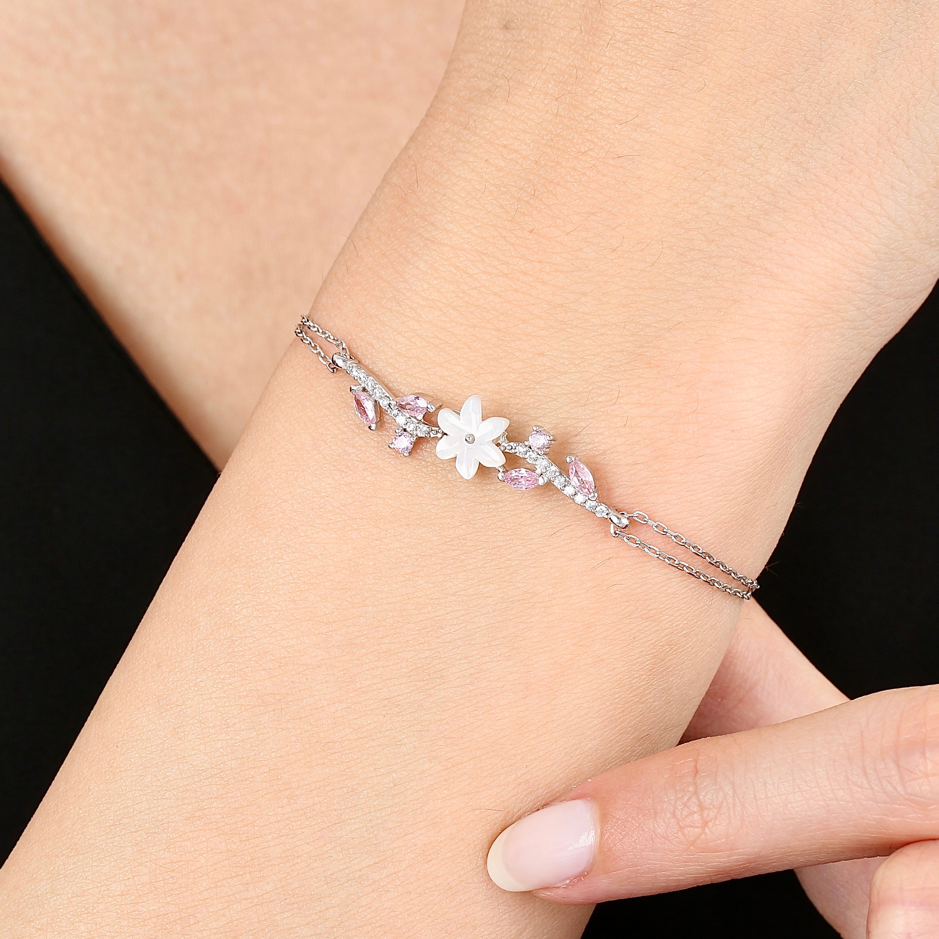 Magnolia Whisper Bloom CZ 925K Sterling Silver Bracelet - Etossimo Jewelry