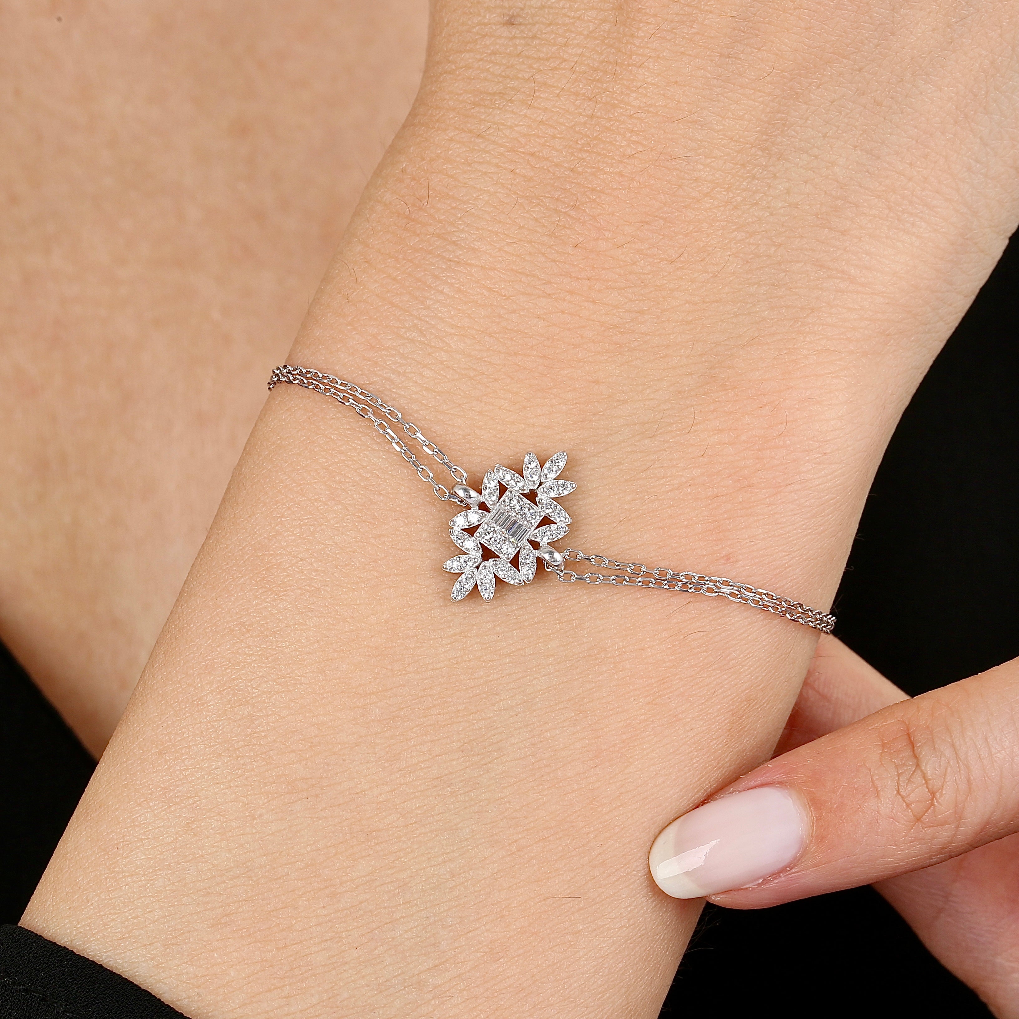 Graceful Floral Frame CZ 925K Sterling Silver Bracelet - Etossimo Jewelry