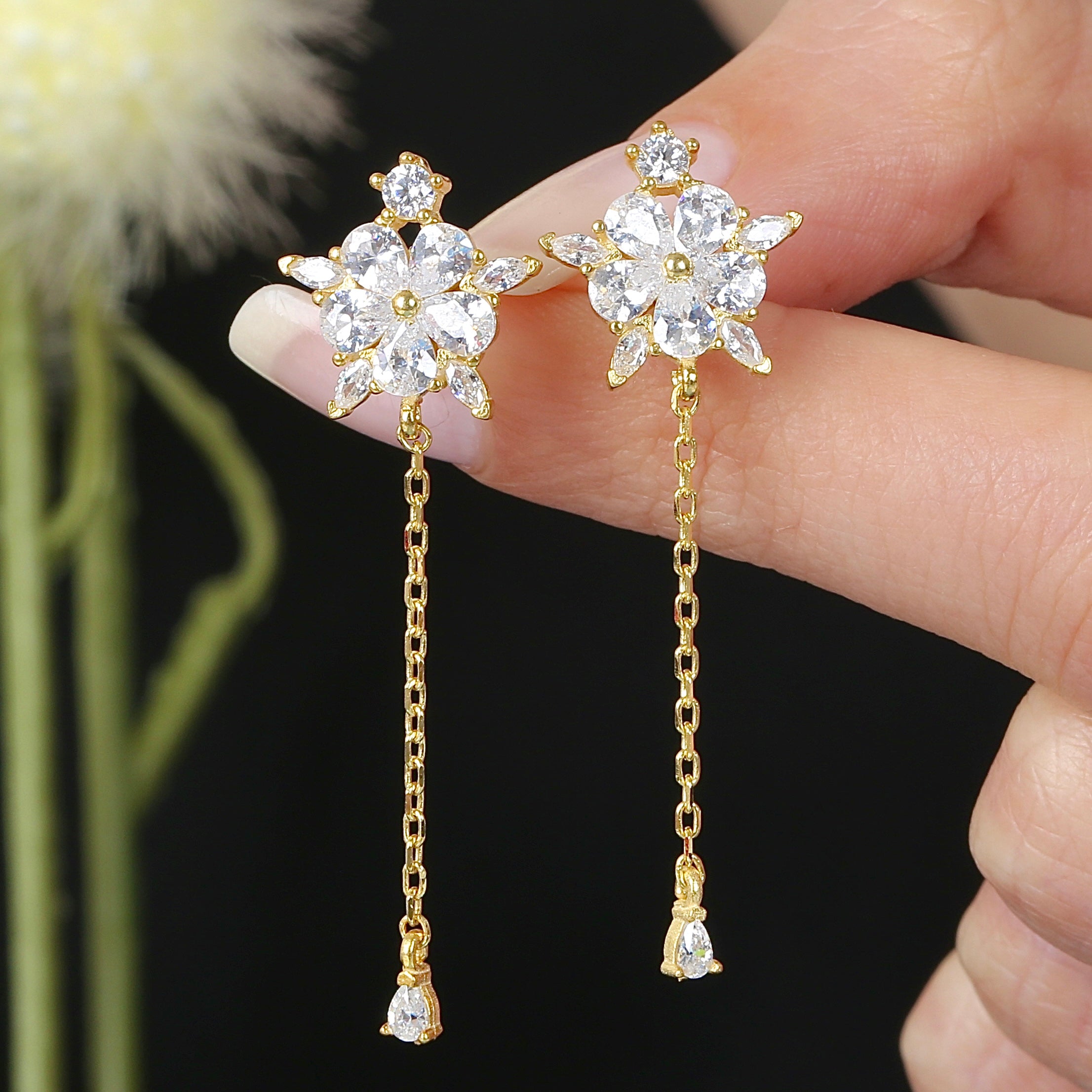 Starflower Glow Drop Dangles CZ 14K Gold Earrings - Etossimo Jewelry