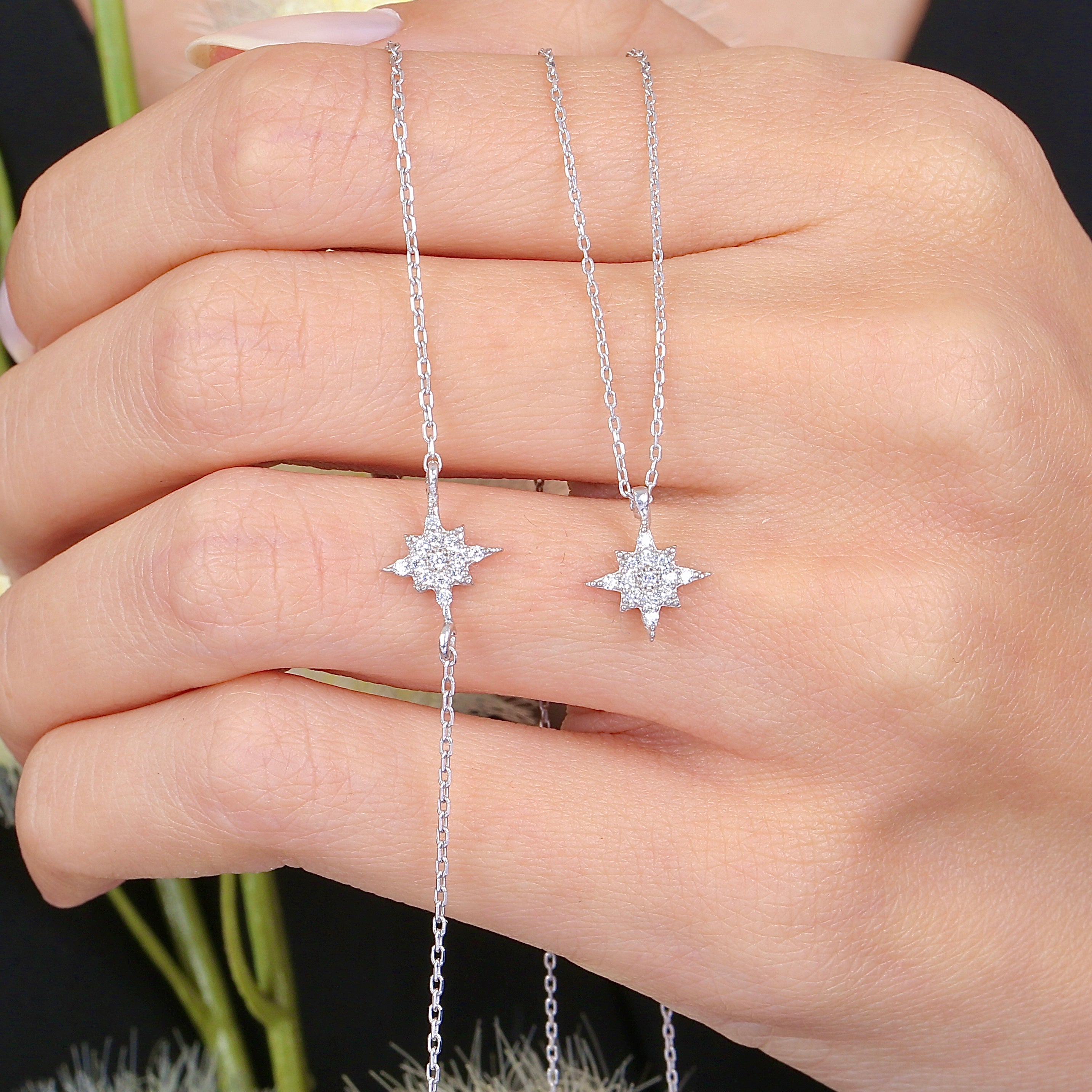 Luminous North Star CZ 925K Sterling Silver Necklace and Bracelet Set - Etossimo Jewelry