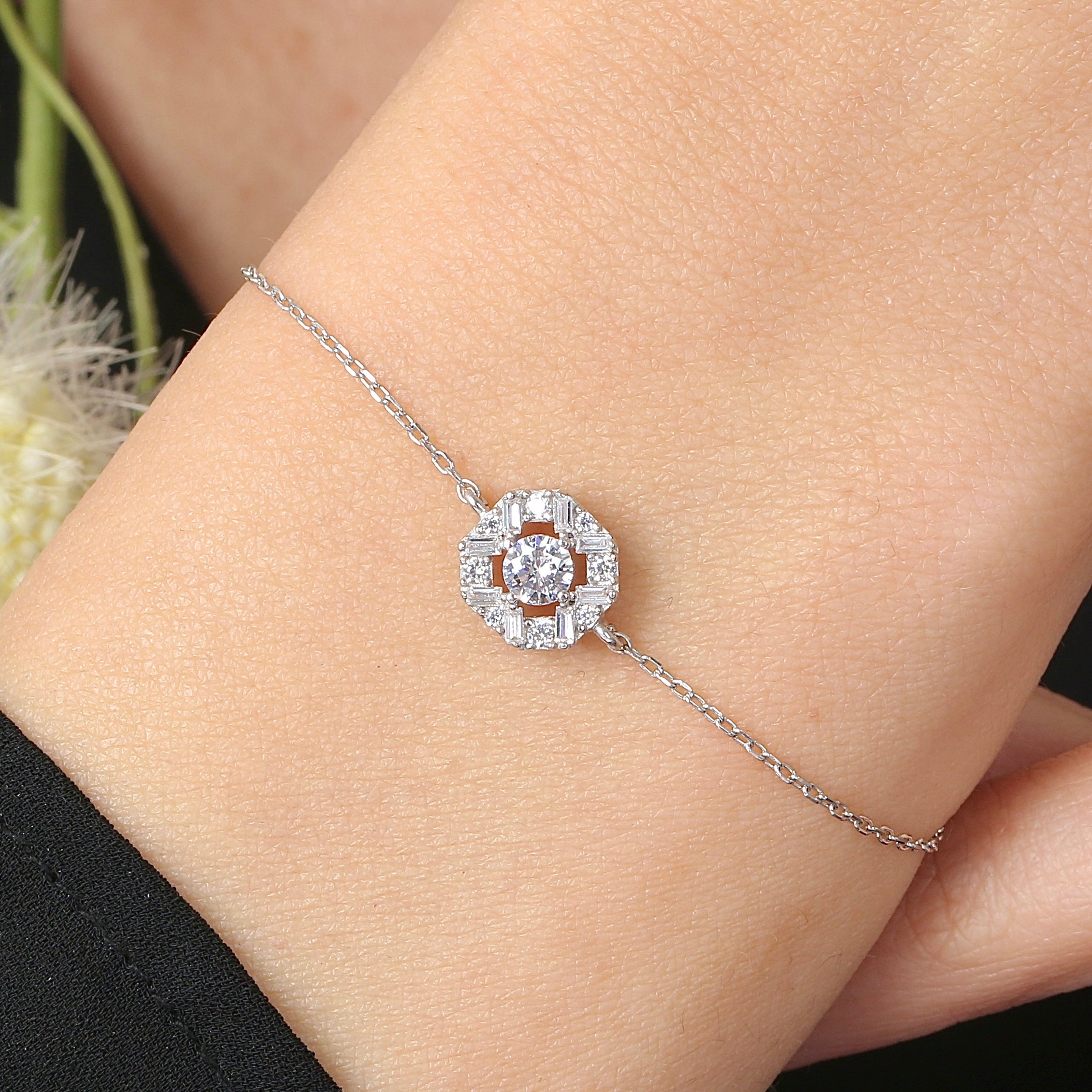 Halo Bloom Elegance CZ 925K Sterling Silver Bracelet - Etossimo Jewelry