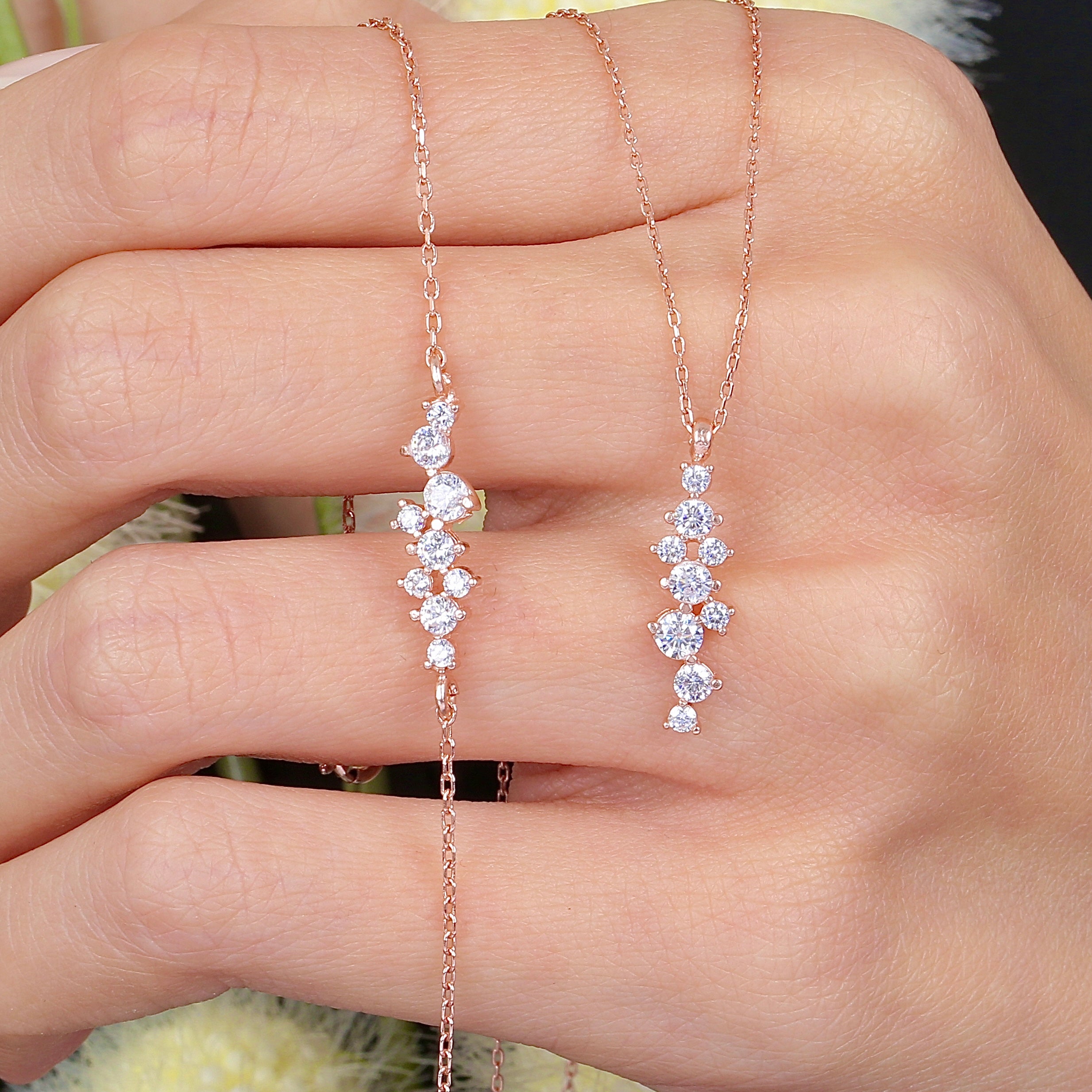 Glistening Crystal Cascade CZ Rose Gold 925K Sterling Silver Necklace and Bracelet Set - Etossimo Jewelry