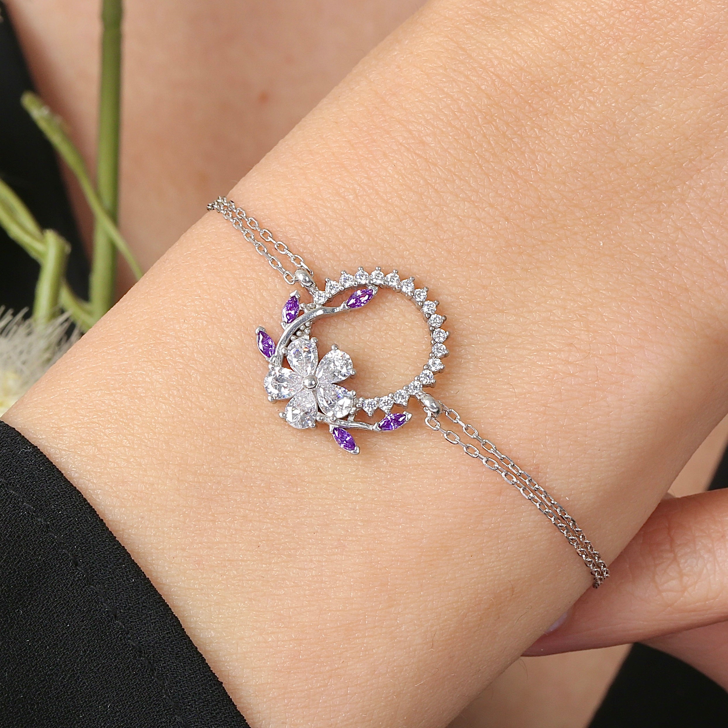 Plumeria Amethyst Color Crown CZ 925K Sterling Silver Bracelet - Etossimo Jewelry