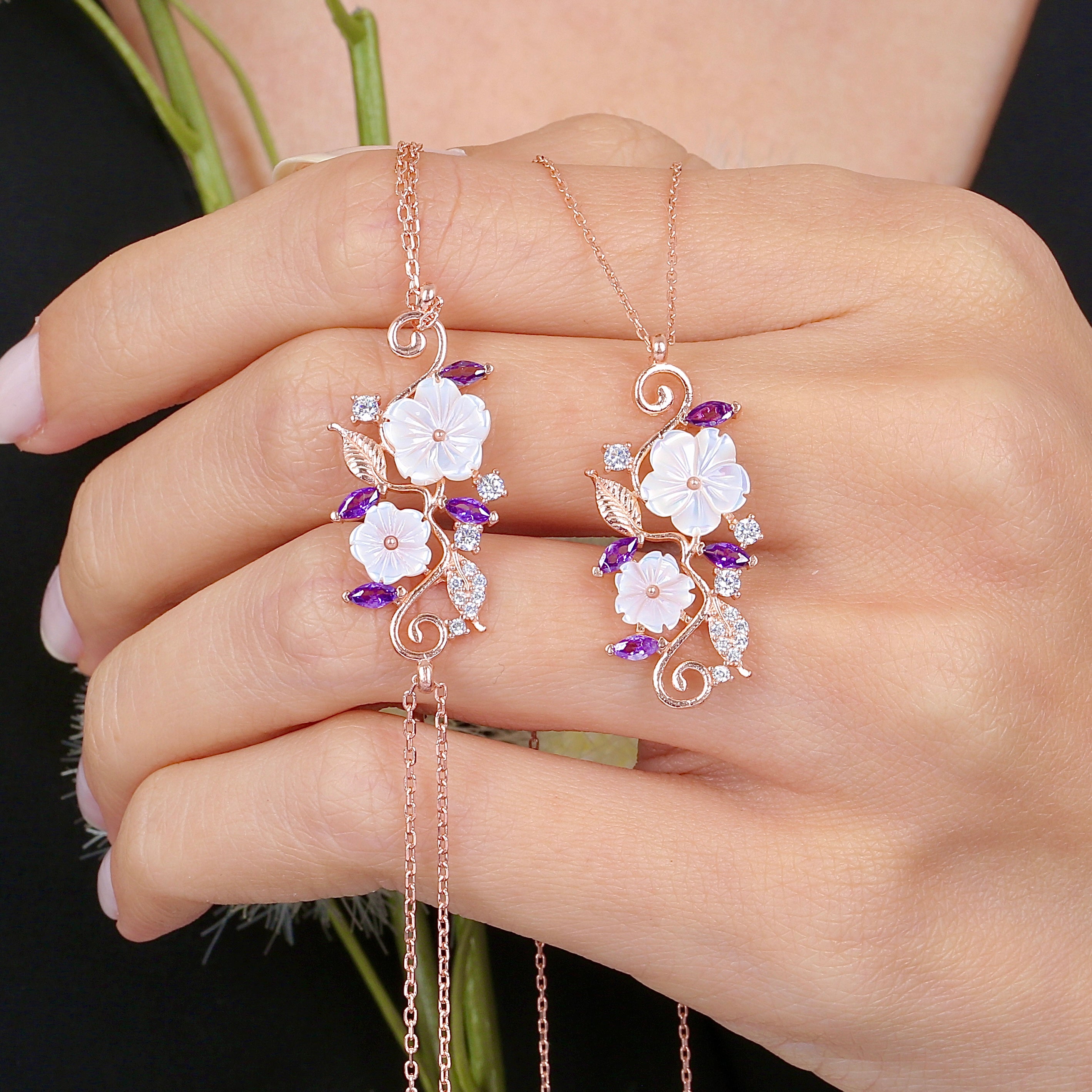 Spring Serenity Mother of Pearl Amethyst Color CZ 925K Silver Necklace and Bracelet Set - Etossimo Jewelry