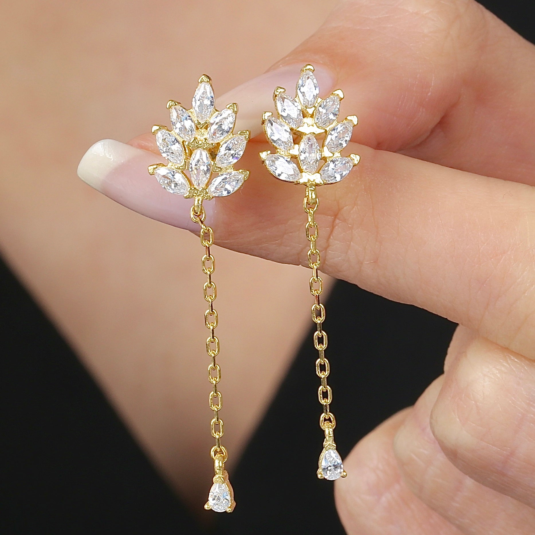 Lotus Charm Drop Dangles CZ 14K Gold Earrings - Etossimo Jewelry