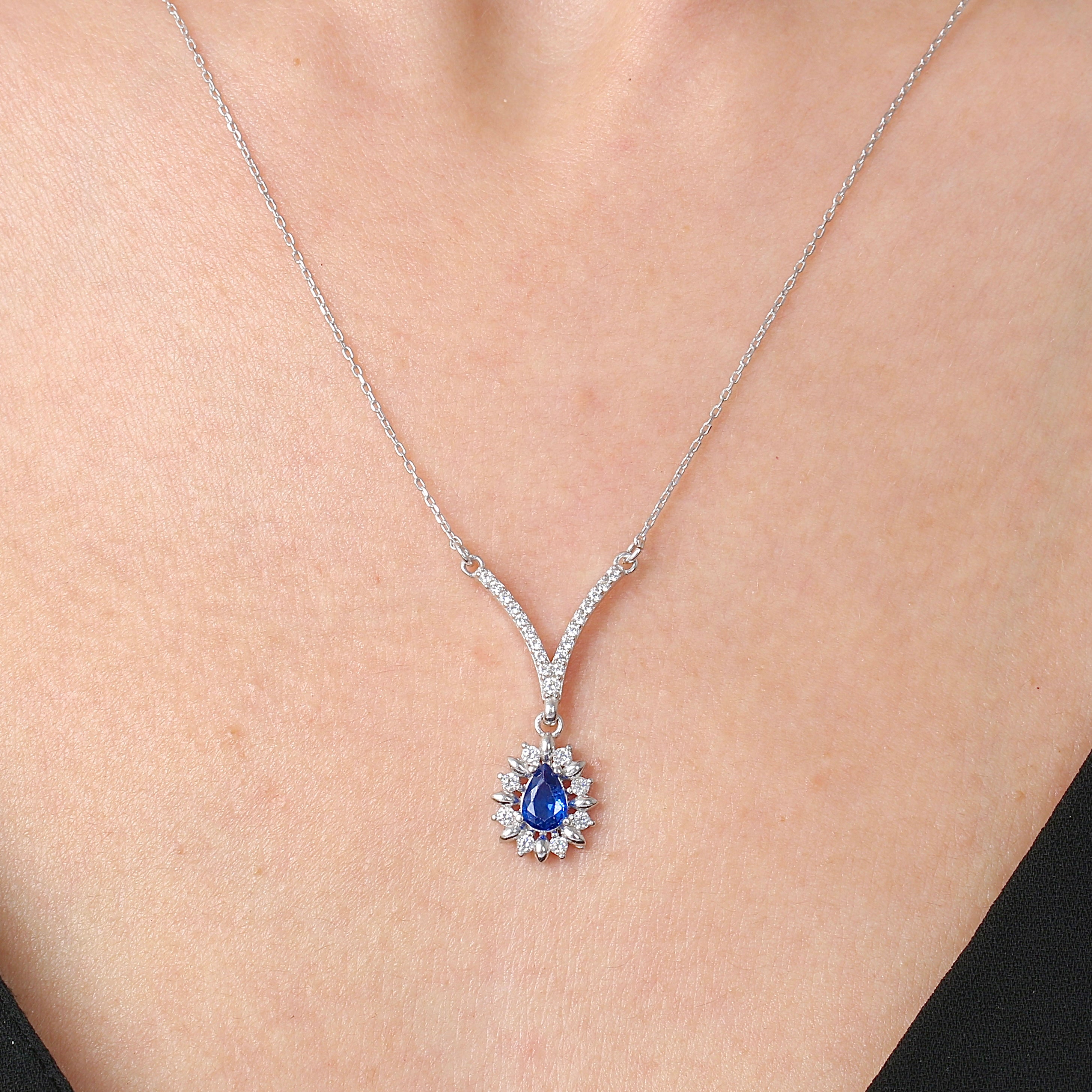 Majestic Sapphire Color Teardrop CZ 925K Sterling Silver Necklace - Etossimo Jewelry