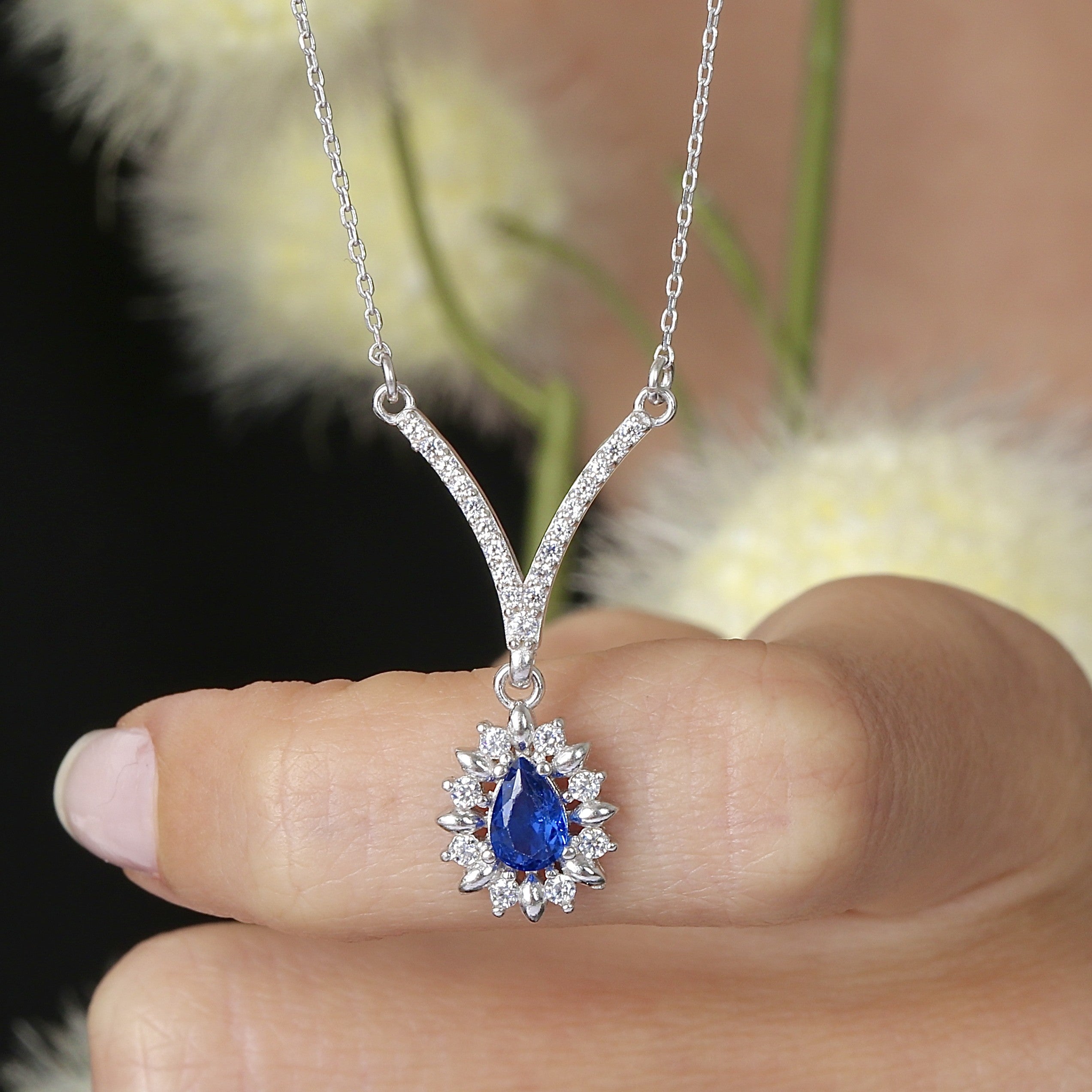 Majestic Sapphire Color Teardrop CZ 925K Sterling Silver Necklace - Etossimo Jewelry