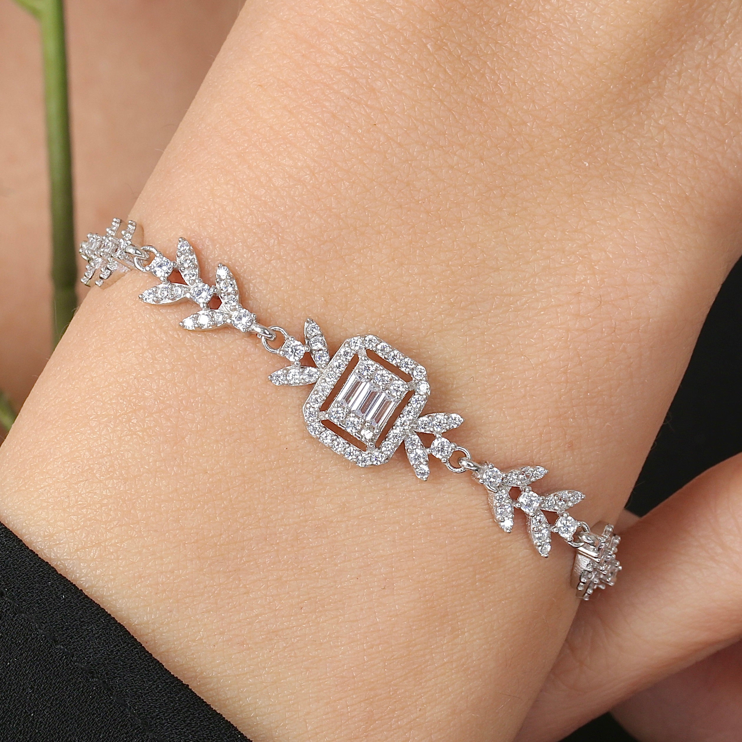 Lustrous Baguette Vine CZ 925K Sterling Silver Bracelet - Etossimo Jewelry