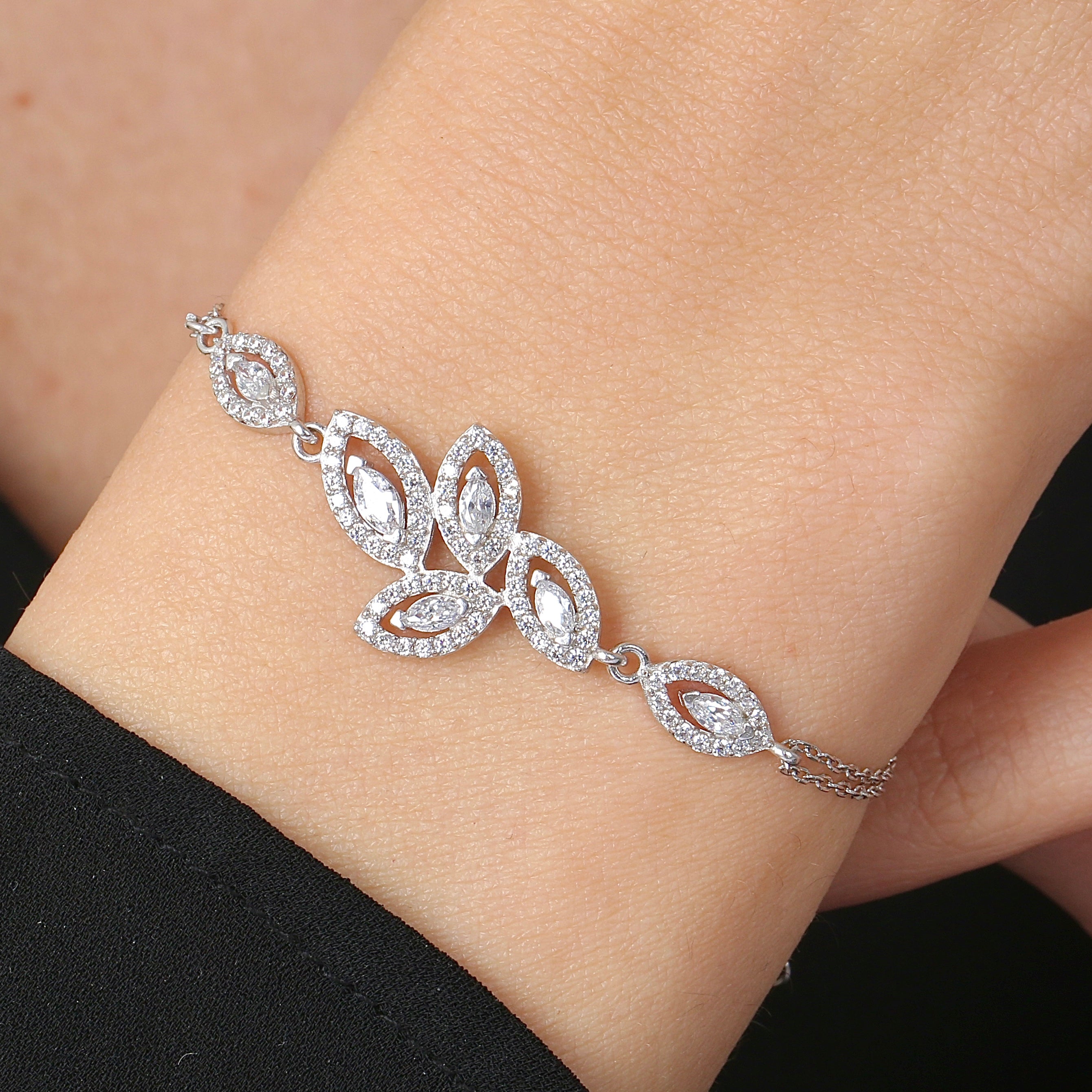 Elegance Marquise Leaf Cluster CZ 925K Sterling Silver Bracelet - Etossimo Jewelry
