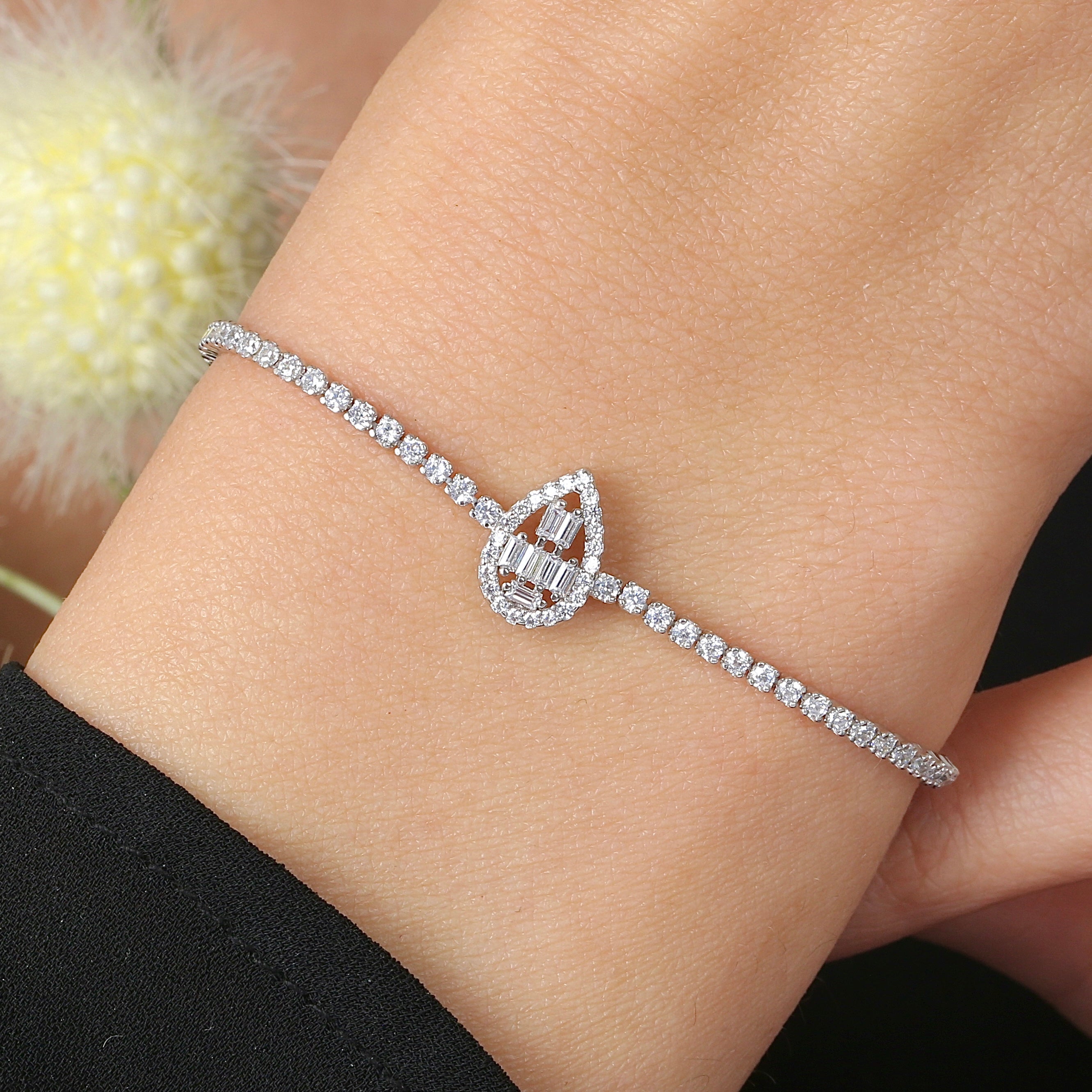 Elegant Baguette Teardrop Line CZ 925K Sterling Silver Bracelet - Etossimo Jewelry